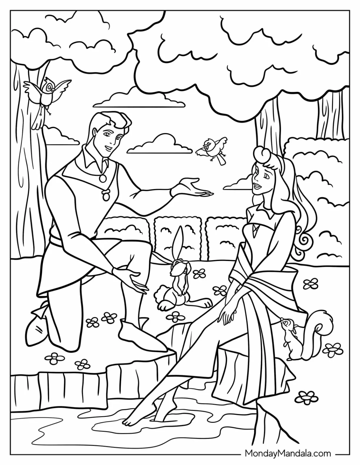 Sleeping Beauty Coloring Page Of Prince Philip Courting Aurora In The Forest coloring page