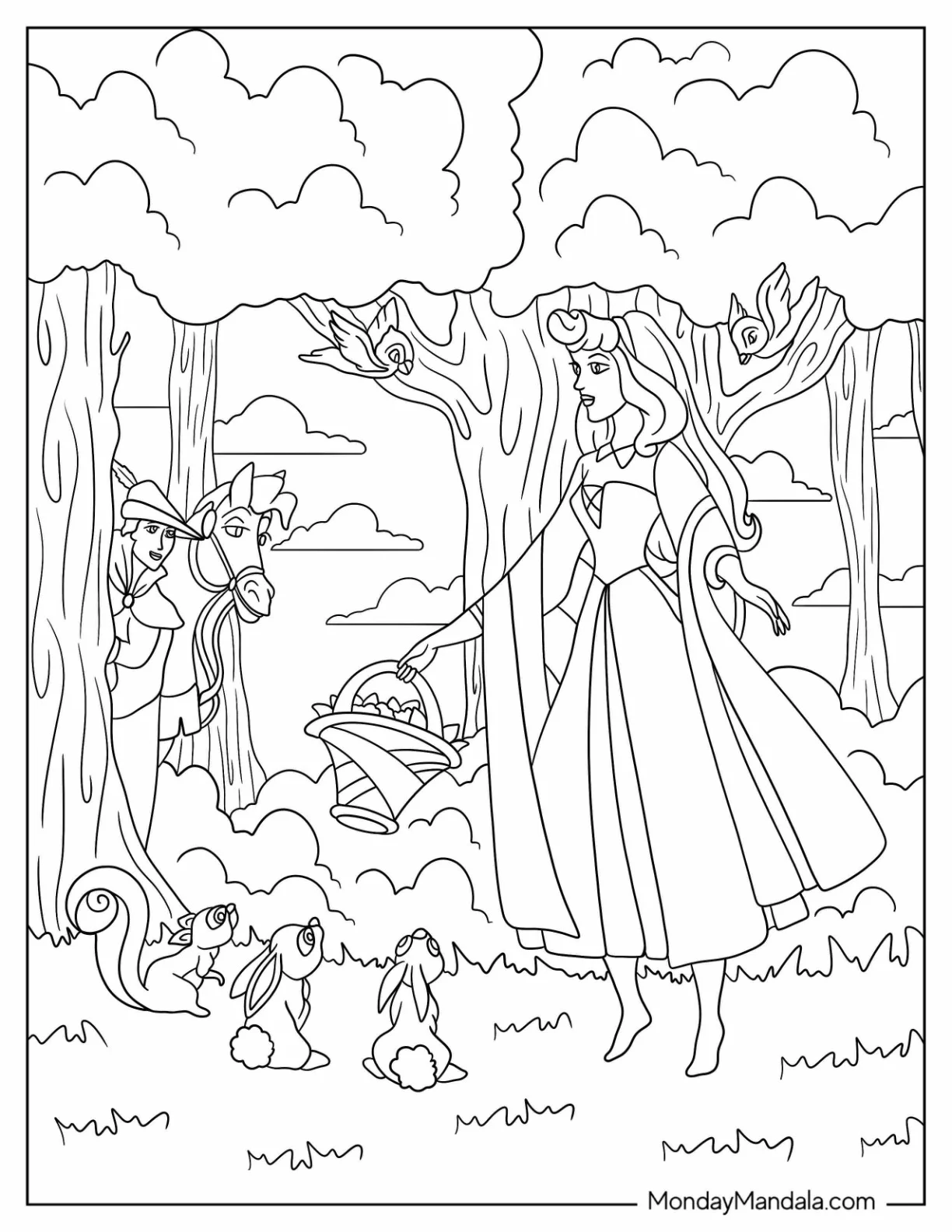 Sleeping Beauty Coloring Page Of Prince Philip Watching Aurora With The Animals In The Forest coloring page