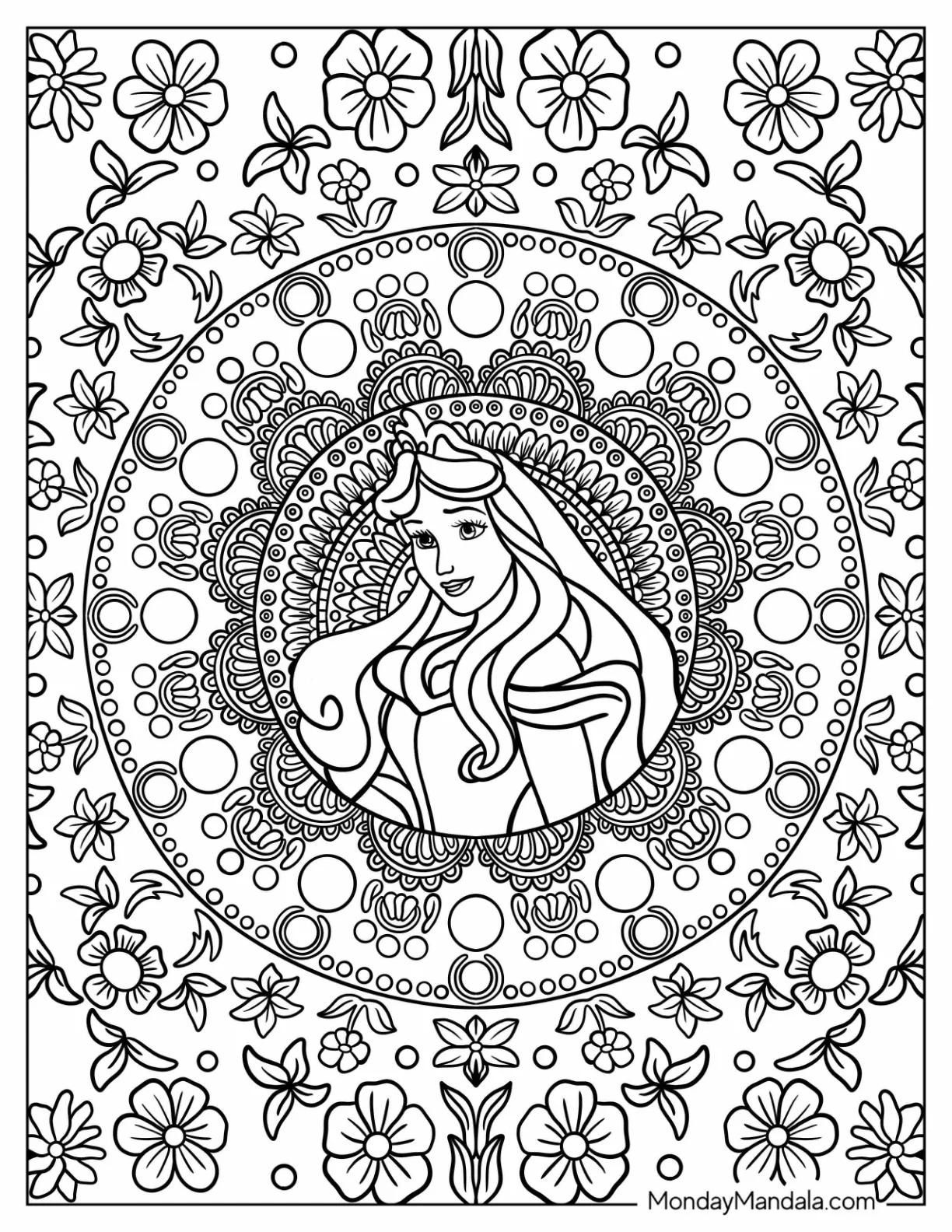 Sleeping Beauty Coloring Page Of Princess Aurora At The Center Of A Flower Mandala coloring page