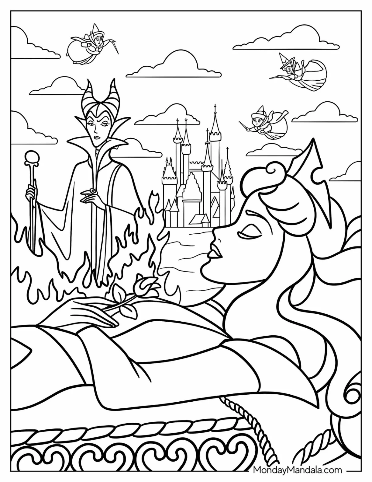 Sleeping Beauty Coloring Page Of Princess Aurora Deep Asleep Outside The Castle With Maleficent And The Fairies Watching coloring page — printable line art