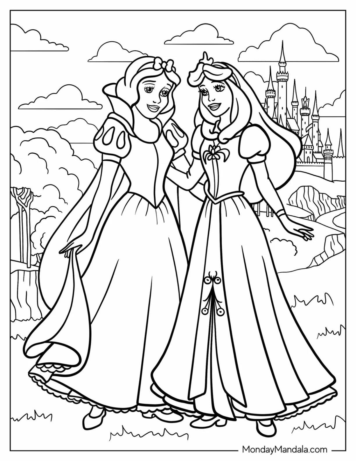 Sleeping Beauty Coloring Page Of Snow White And Aurora Outside A Castle coloring page