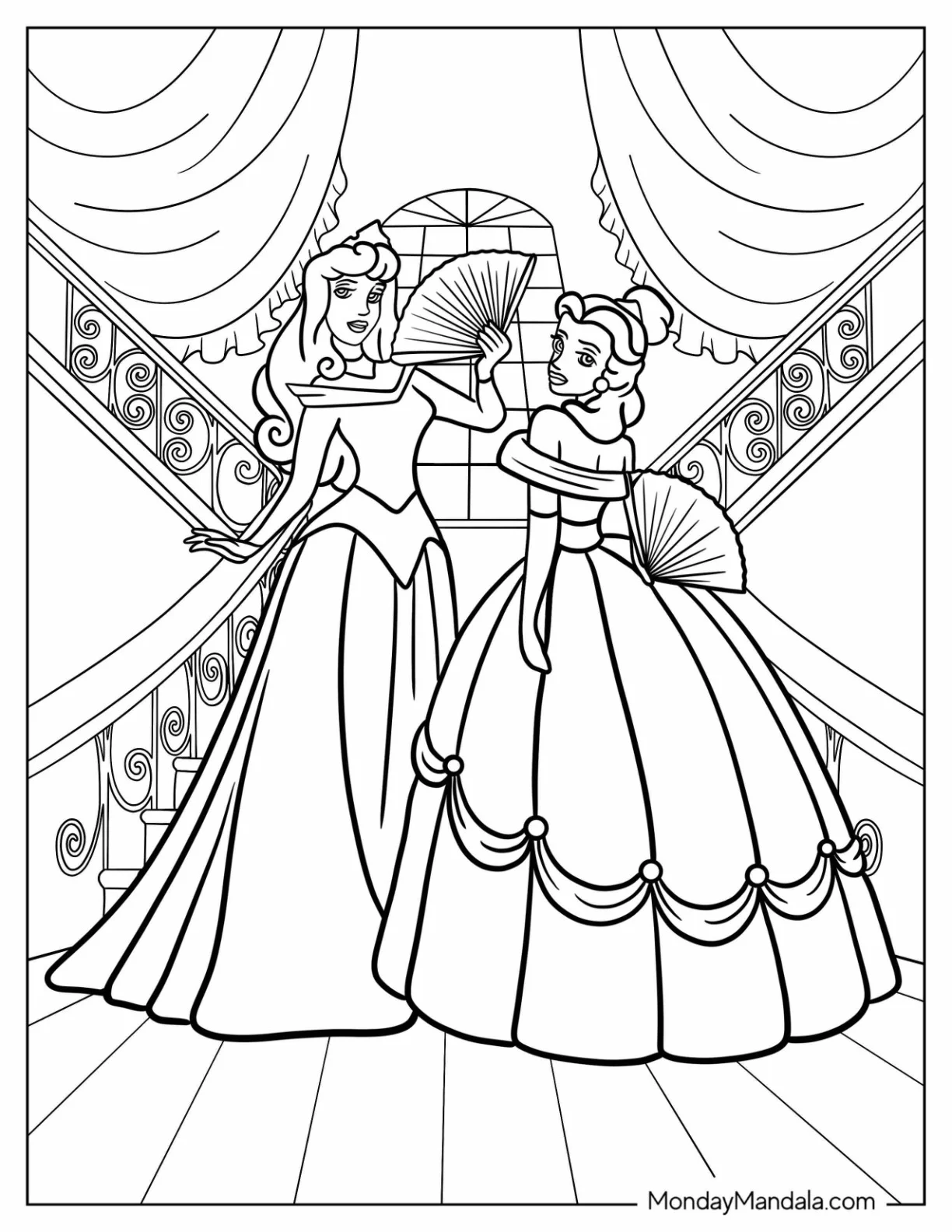 Sleeping Beauty Coloring Page On The Staircase With Belle Holding Fans coloring page — printable line art
