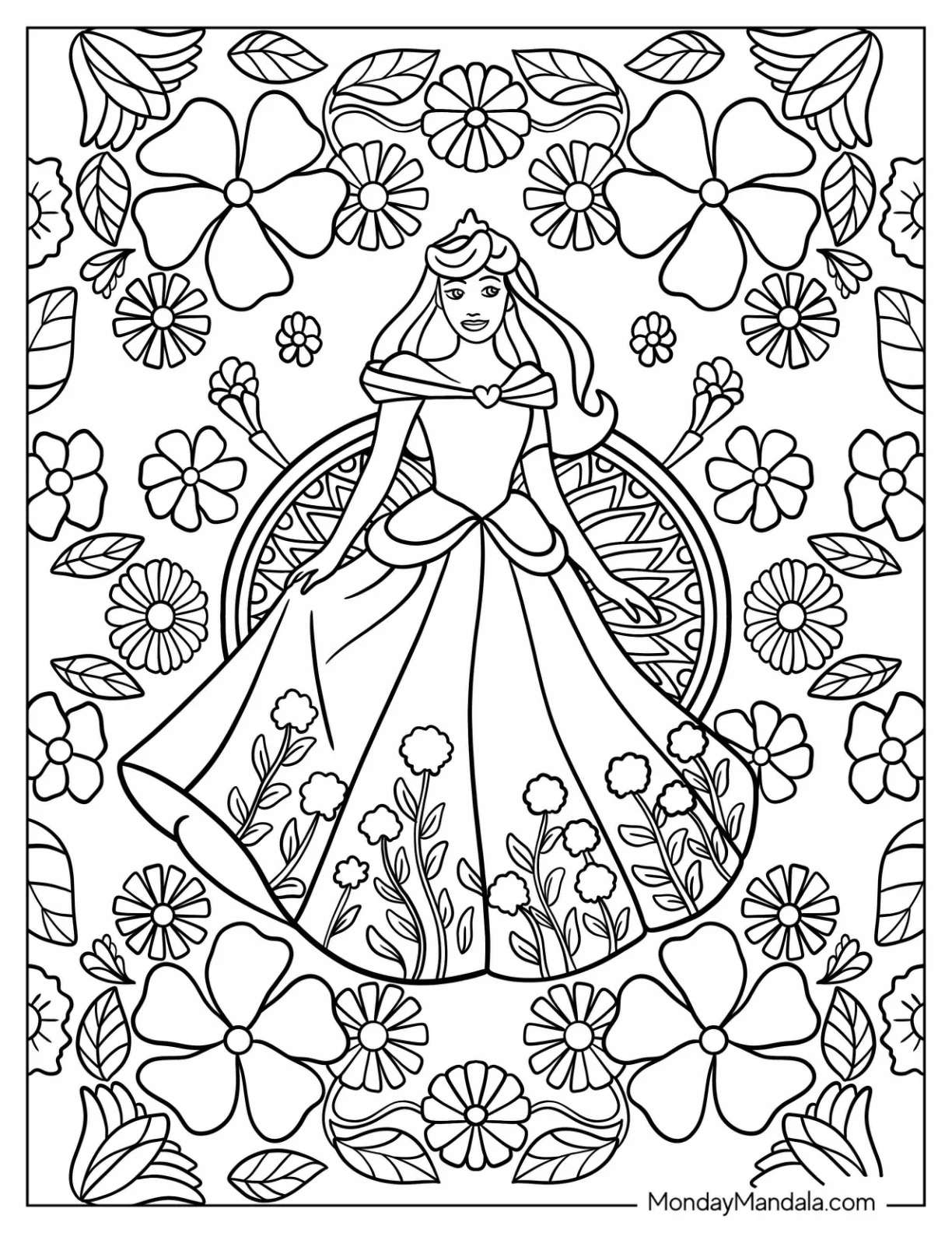 Sleeping Beauty Coloring Page Surrounded By Flowers coloring page