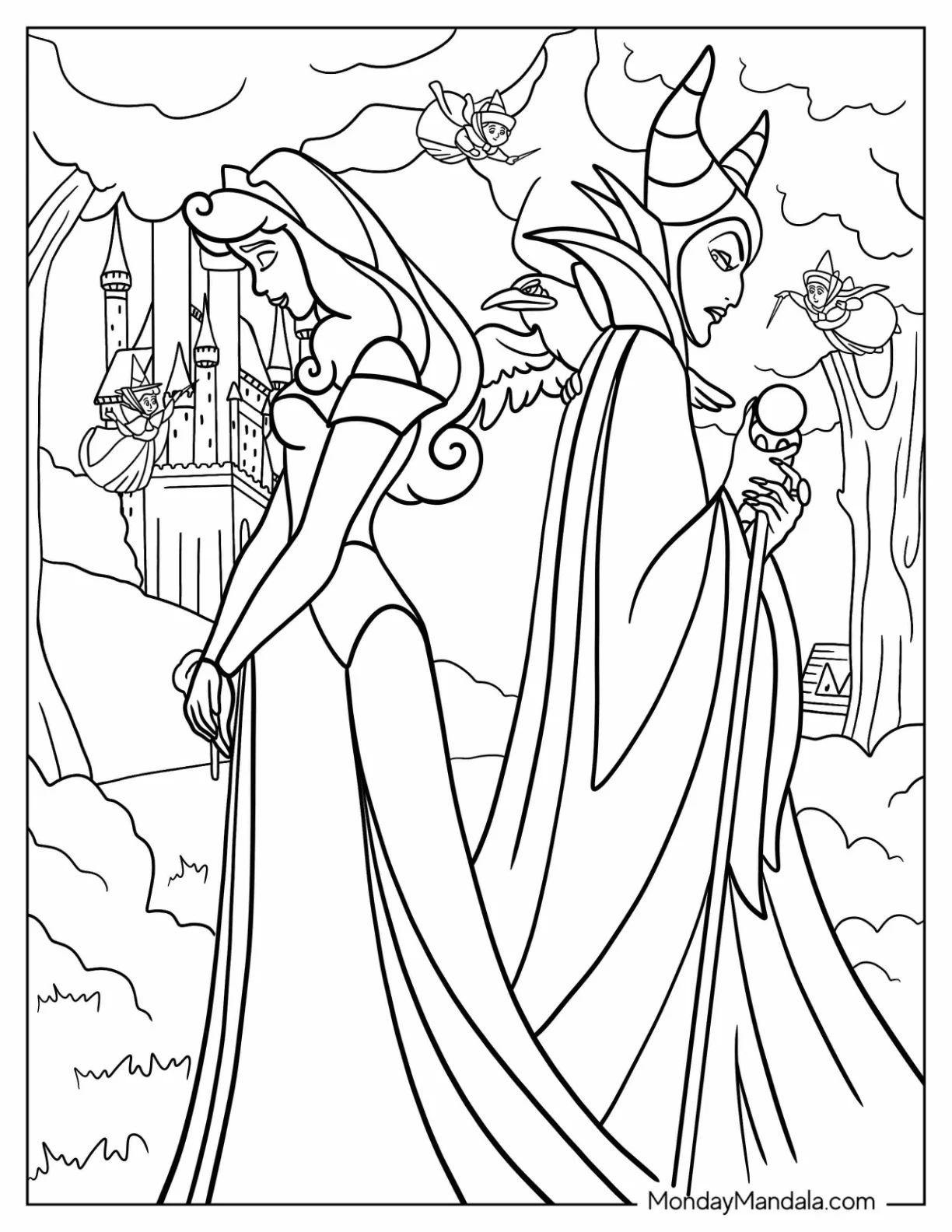 Sleeping Beauty Coloring Page  With Maleficent And The Fairy Godmothers coloring page