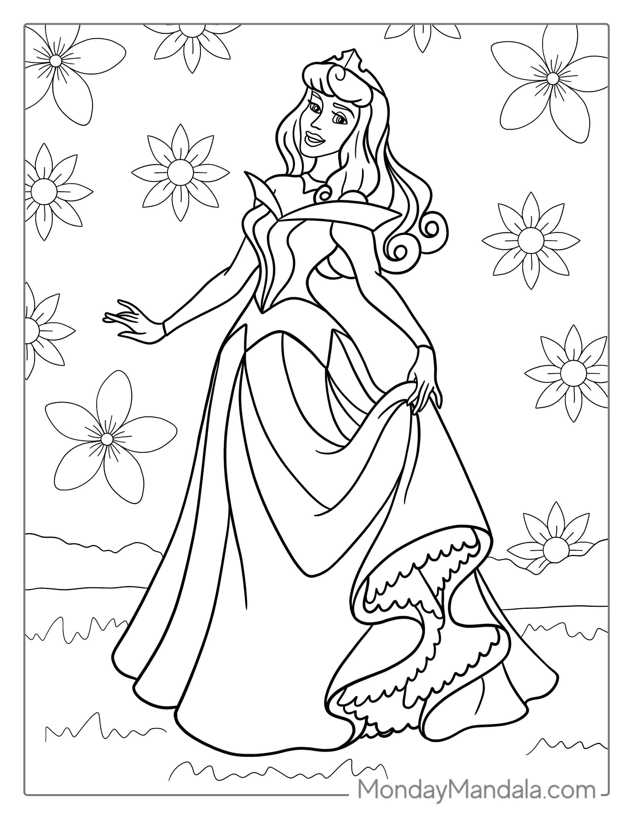 Sleeping Beauty With A Beautiful Dress coloring page — printable line art