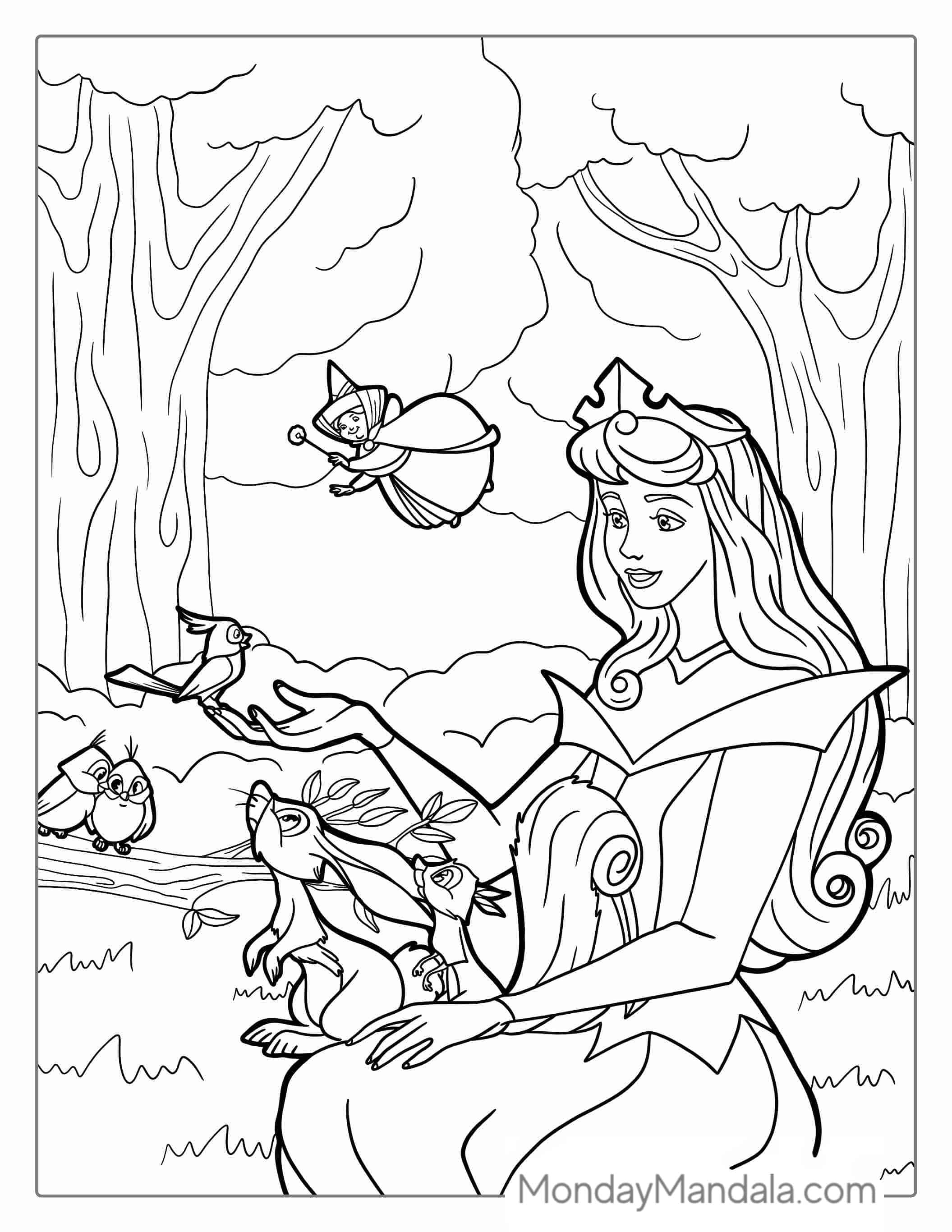 Sleeping Beauty With Forrest Critters Coloring Page coloring page — printable line art