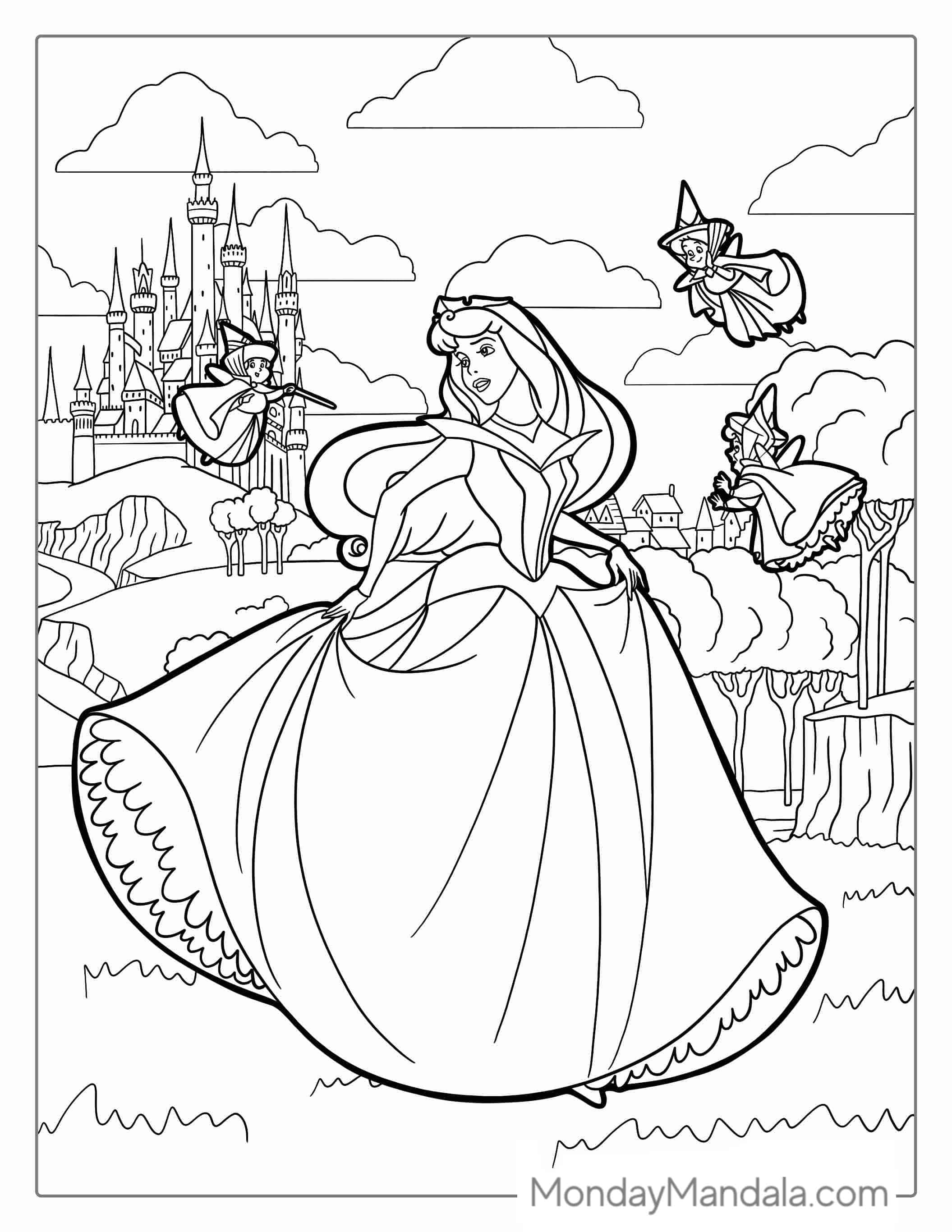 Sleeping Beauty With The Three Fairies Coloring Page coloring page — printable line art