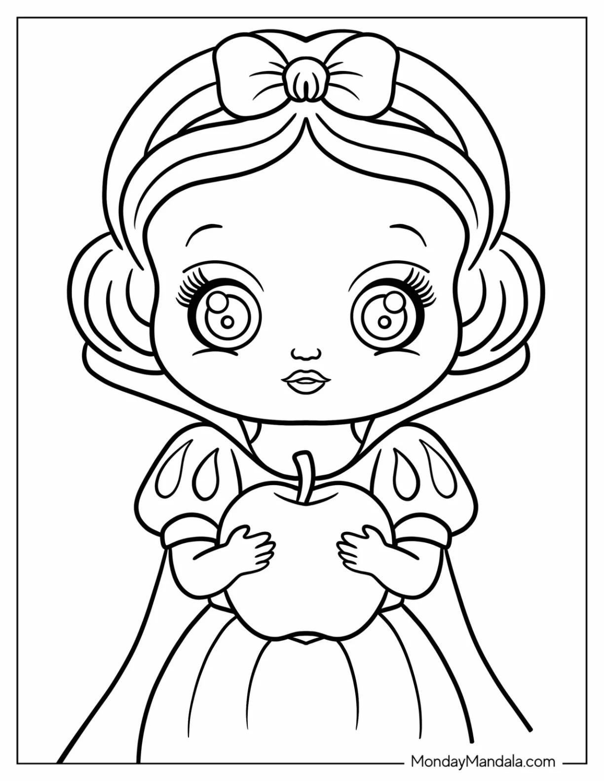 Adorable Chibi Snow White Coloring Pages Staring At An Apple For Preschoolers coloring page