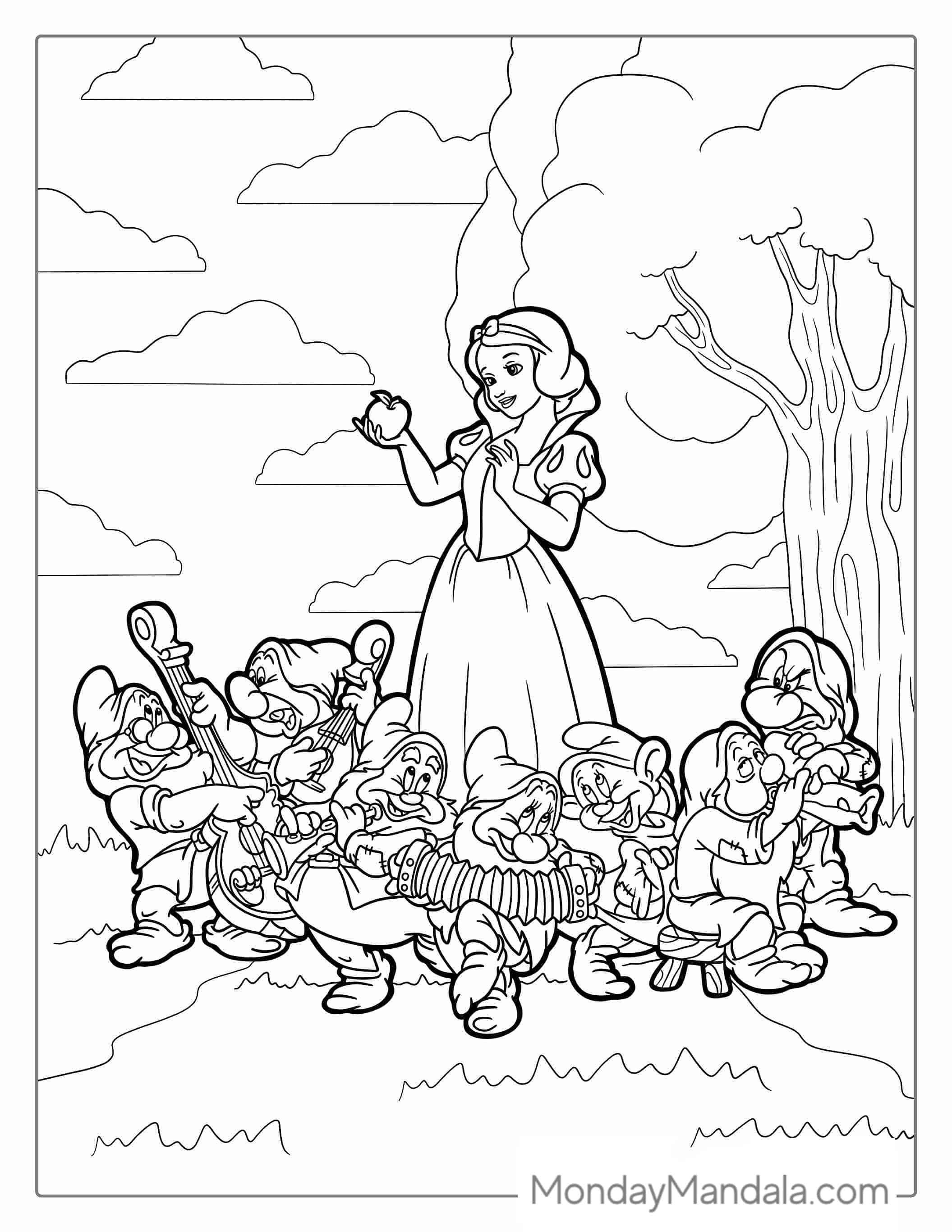 Coloring Page Of Show White Holding Apple With Dwarfs coloring page
