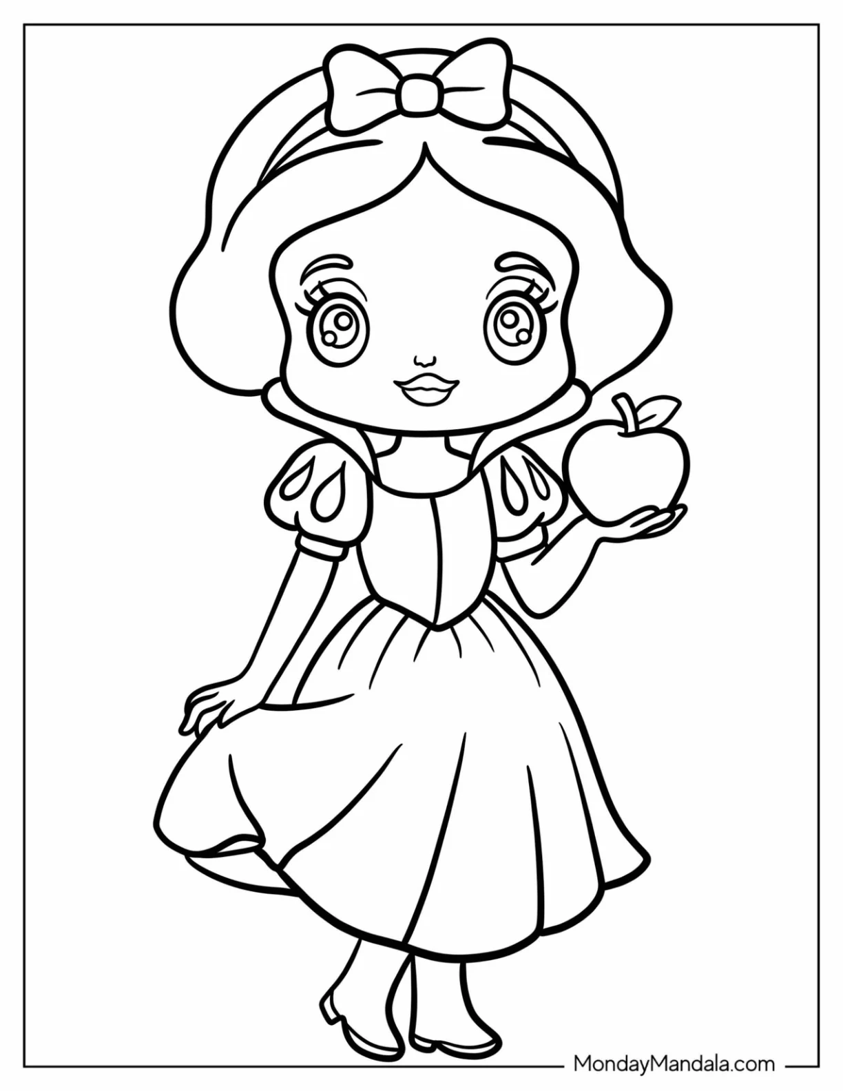 Cute Chibi Snow White Coloring Pages Of Holding Up An Apple For Kids coloring page