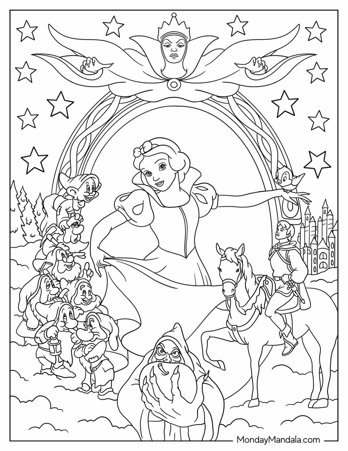Detailed Snow White Coloring Pages Surrounded By The Dwarves, Prince Charming, And The Evil Queen coloring page — printable line art