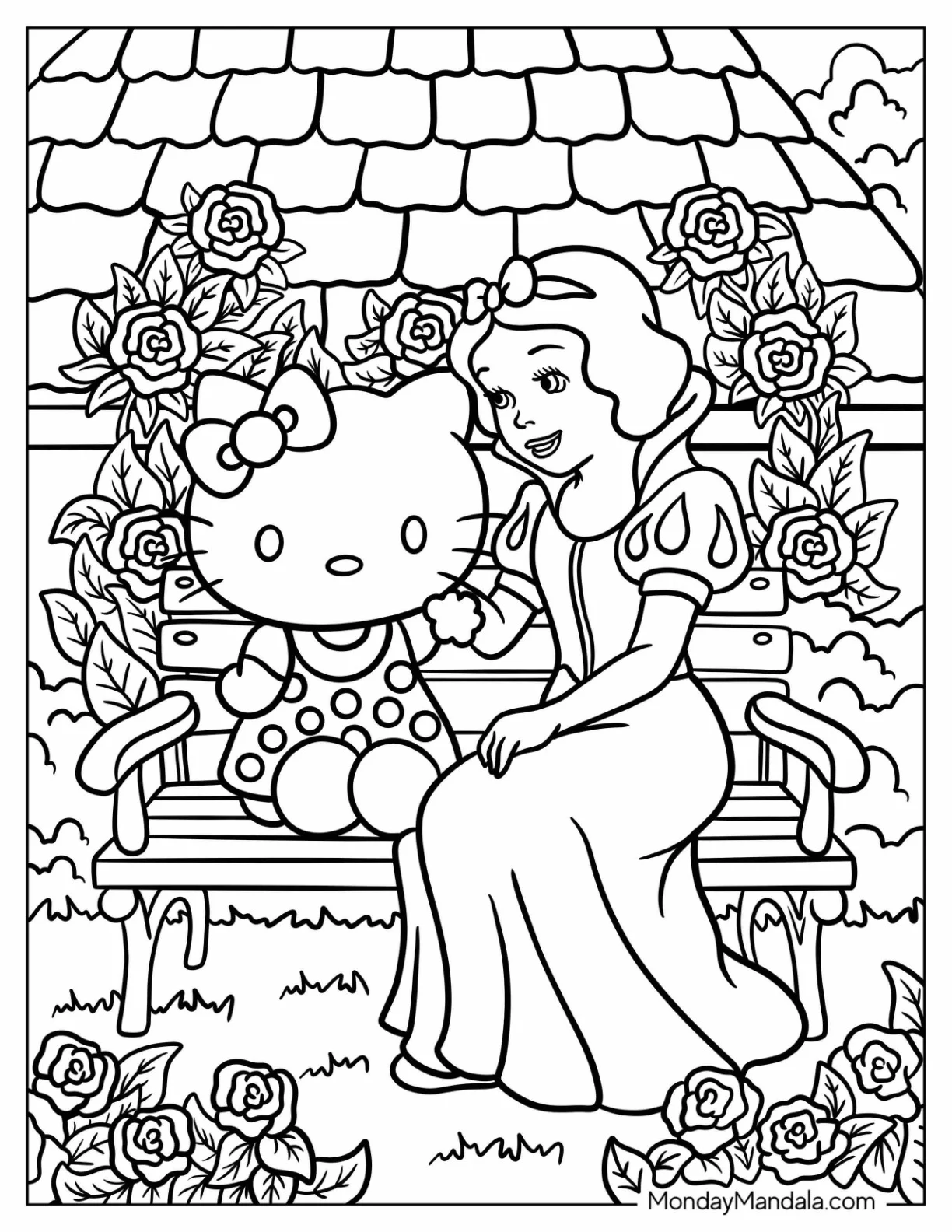 Hello Kitty Sitting On A Bench With Snow White Coloring Pages coloring page