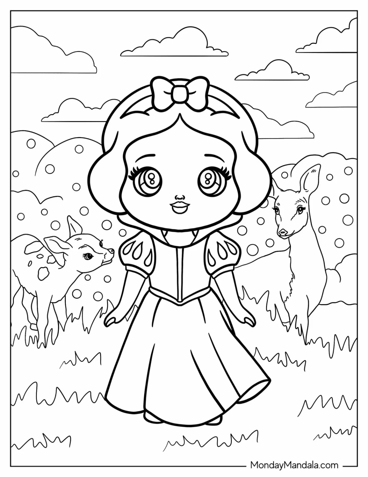 Kawaii Snow White Coloring Pages With Deer In The Forest For Preschoolers coloring page