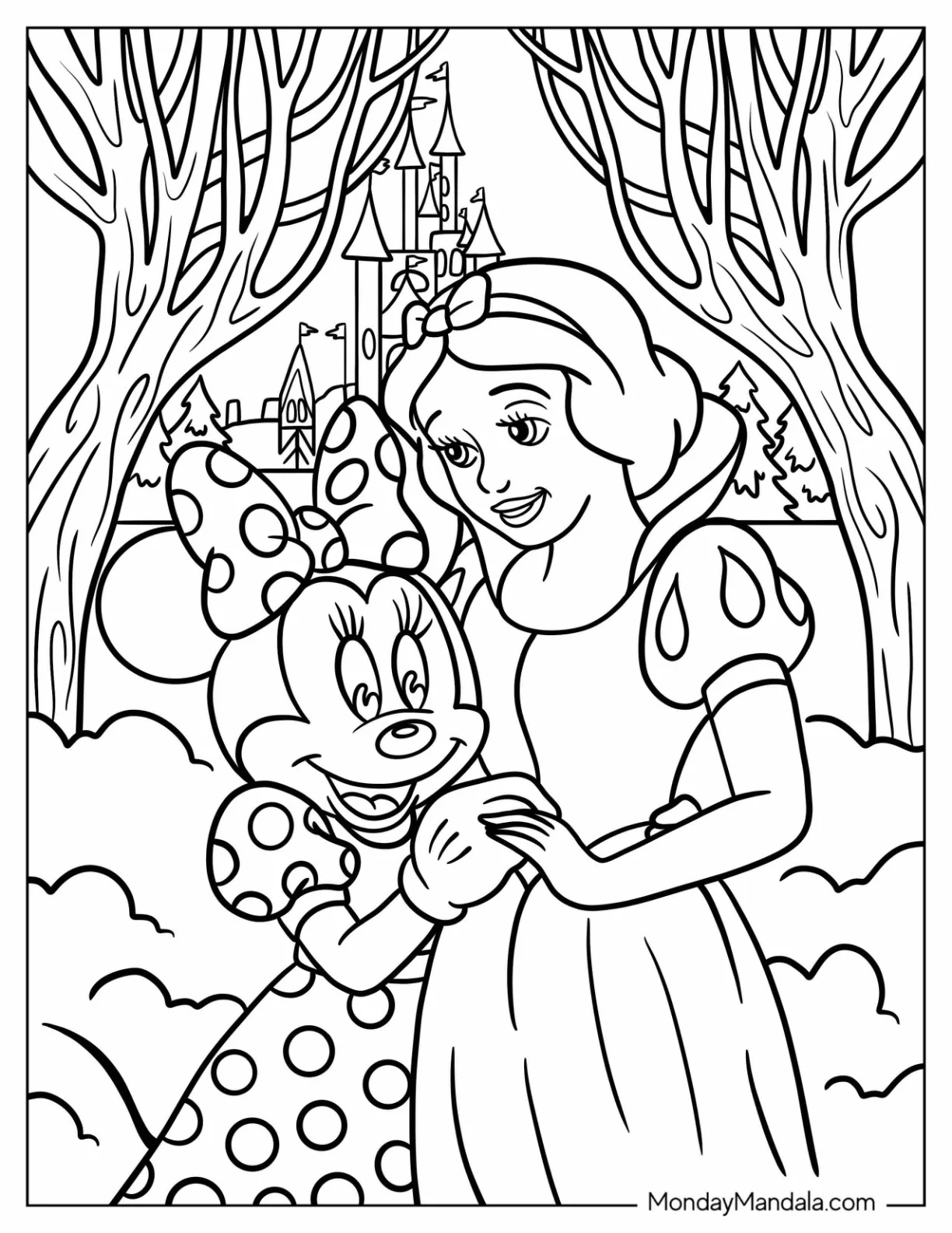 Minnie Mouse Hugging Snow White Coloring Pages For Kids coloring page — printable line art