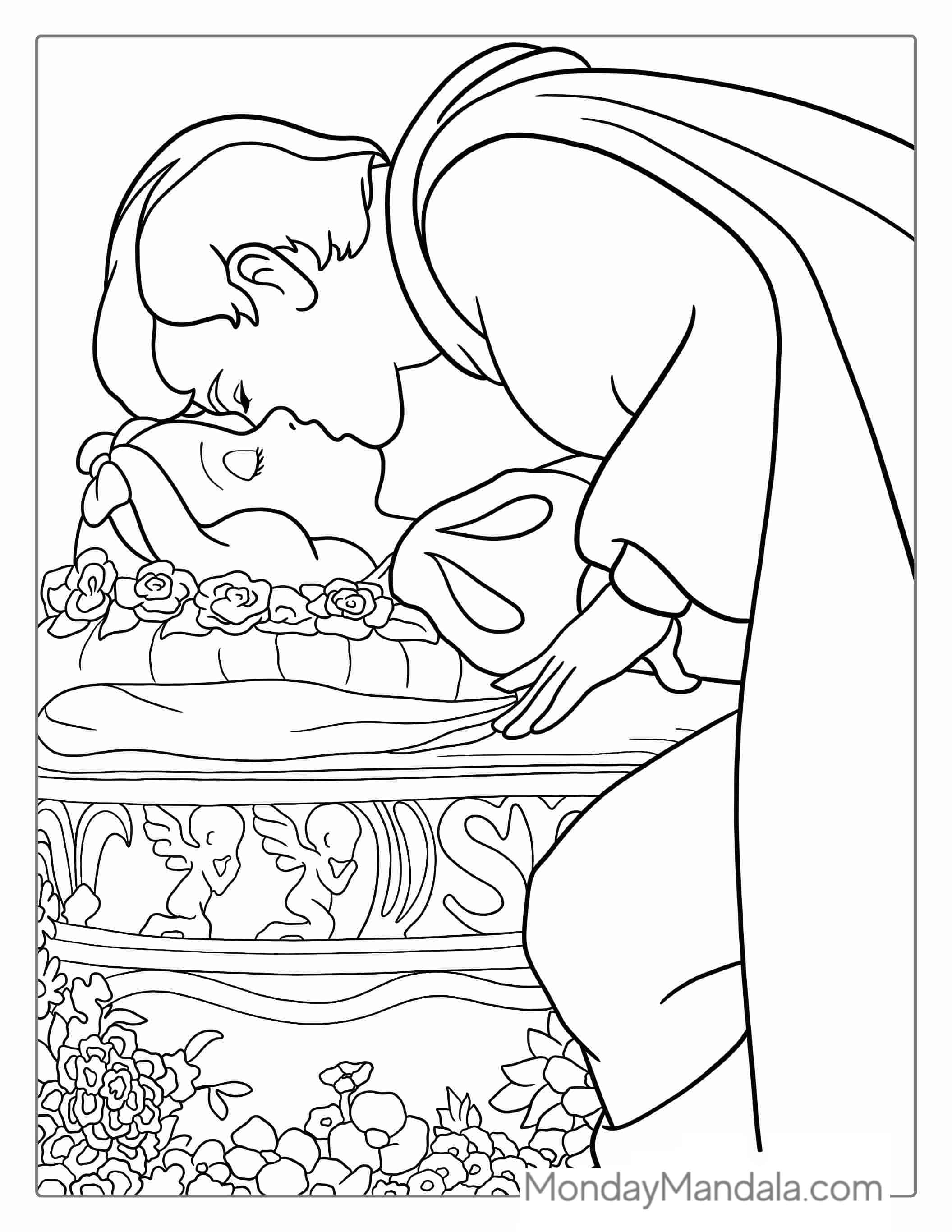 Snow White Being Kissed By The Prince Coloring Sheet coloring page