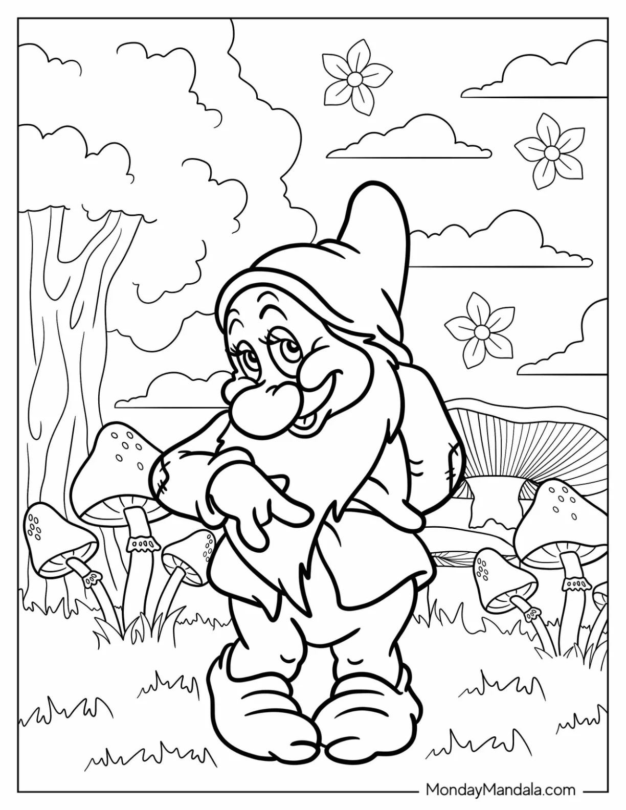 Snow White Coloring Pages Of Bashful Dwarf Surrounded By Mushrooms coloring page — printable line art