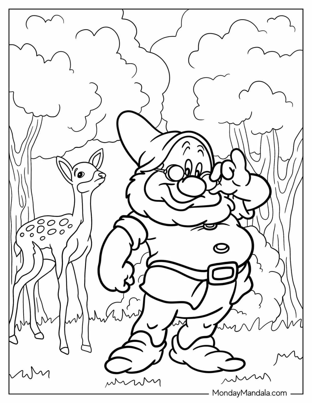 Snow White Coloring Pages Of Doc Dwarf Strolling In The Forest For Kids coloring page — printable line art