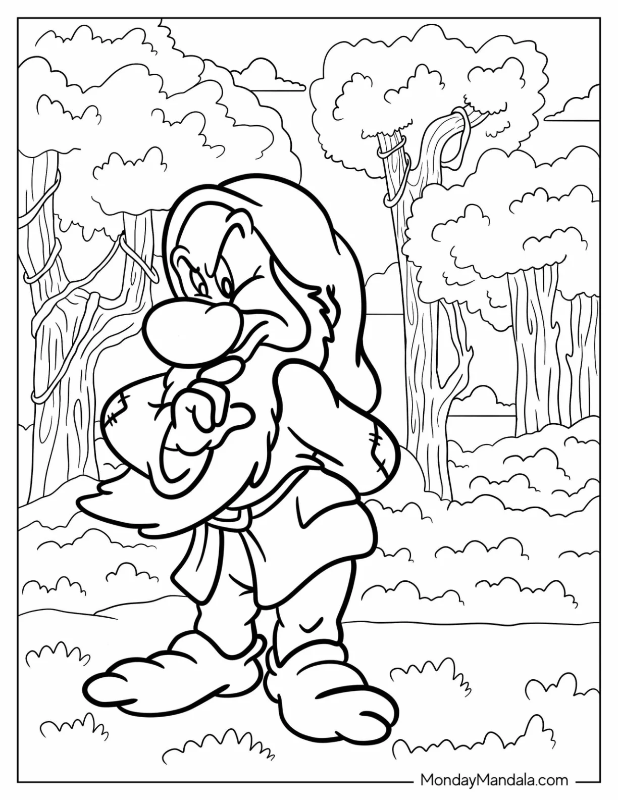 Snow White Coloring Pages Of Grumpy Dwarf In The Forest coloring page — printable line art
