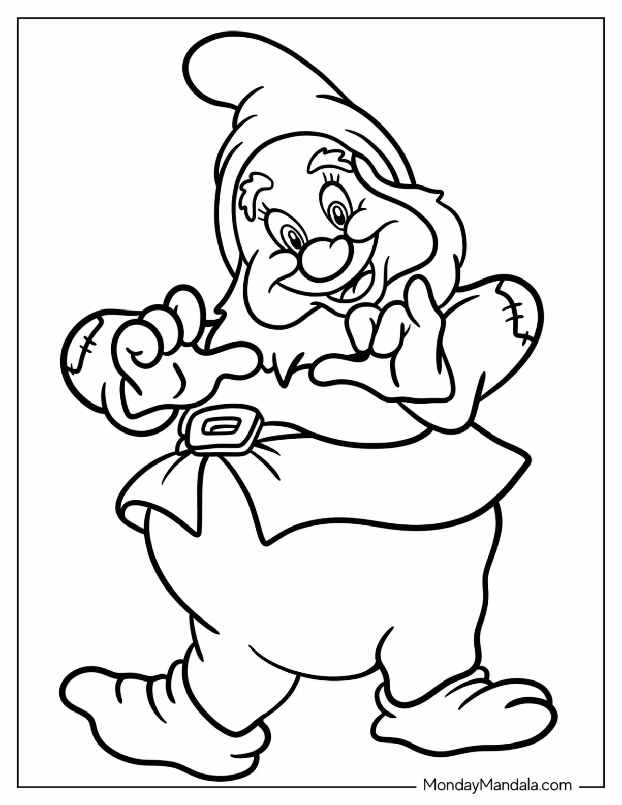 Snow White Coloring Pages Of Happy Dwarf Dancing For Preschoolers coloring page — printable line art