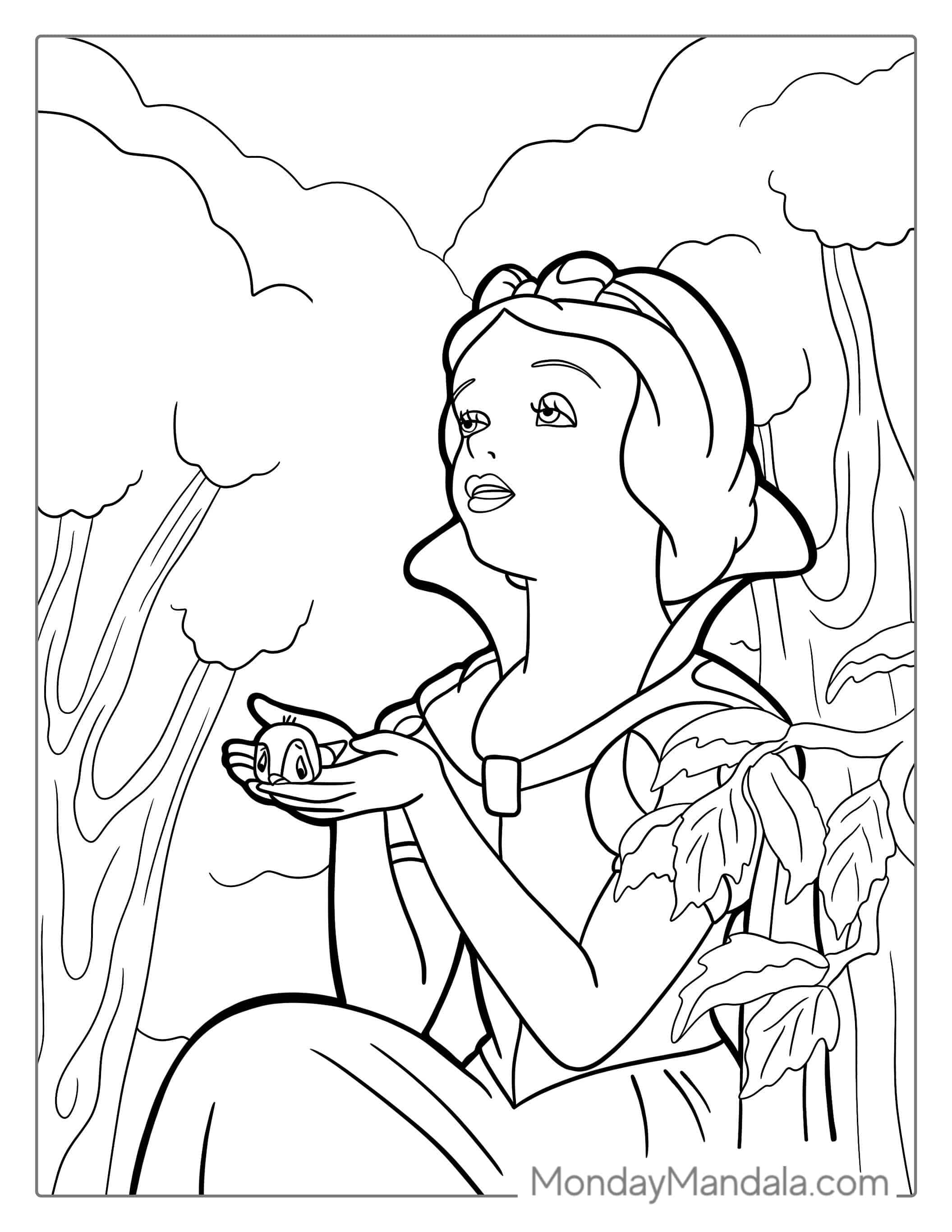 Snow White Holding a Baby Bird coloring page — printable line art