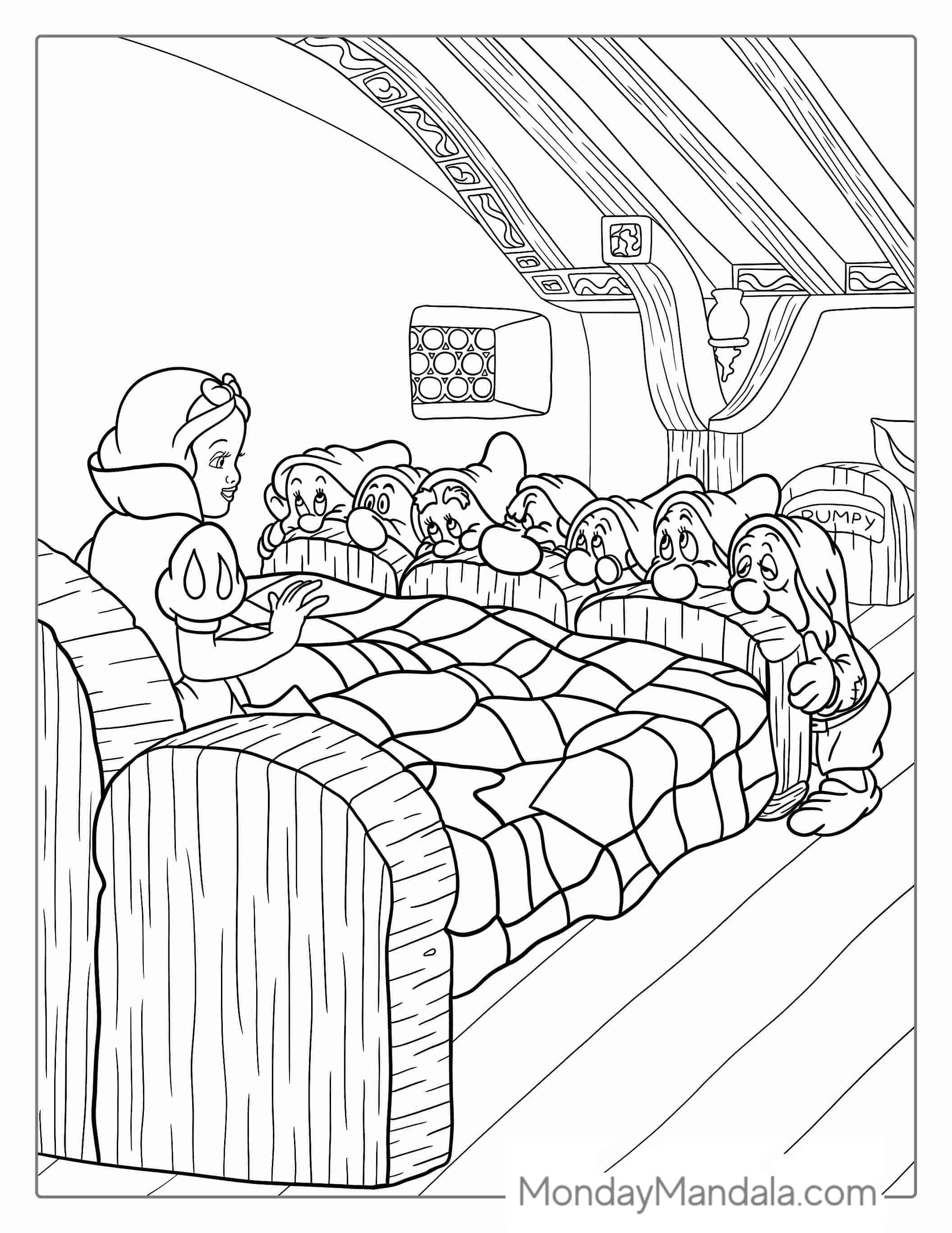 Snow White In Bed Being Woken Up By The Seven Dwarfs coloring page