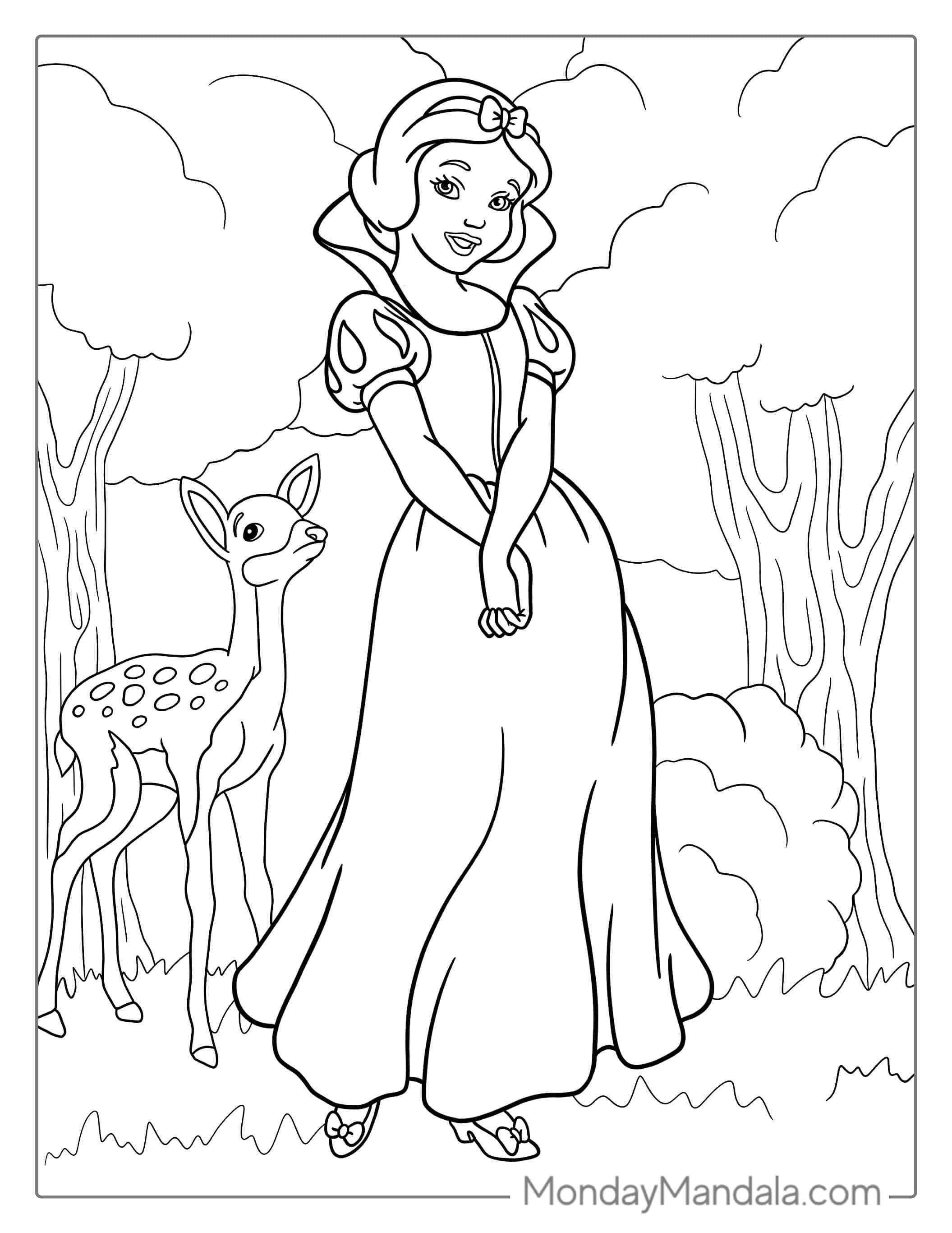 Snow White In Forest With Baby Deer To Color coloring page — printable line art