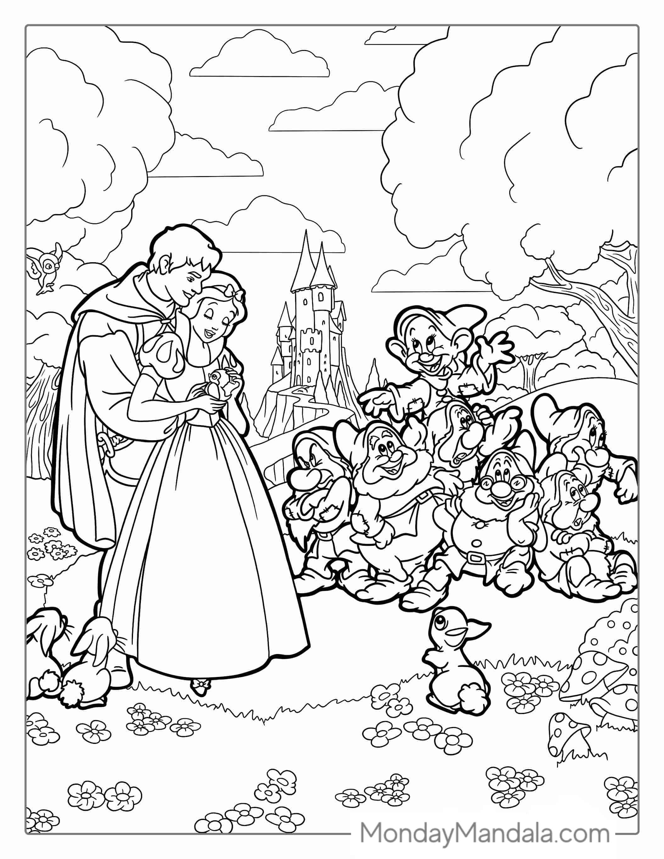 Snow White, The Prince, And Seven Dwarfs To Color coloring page