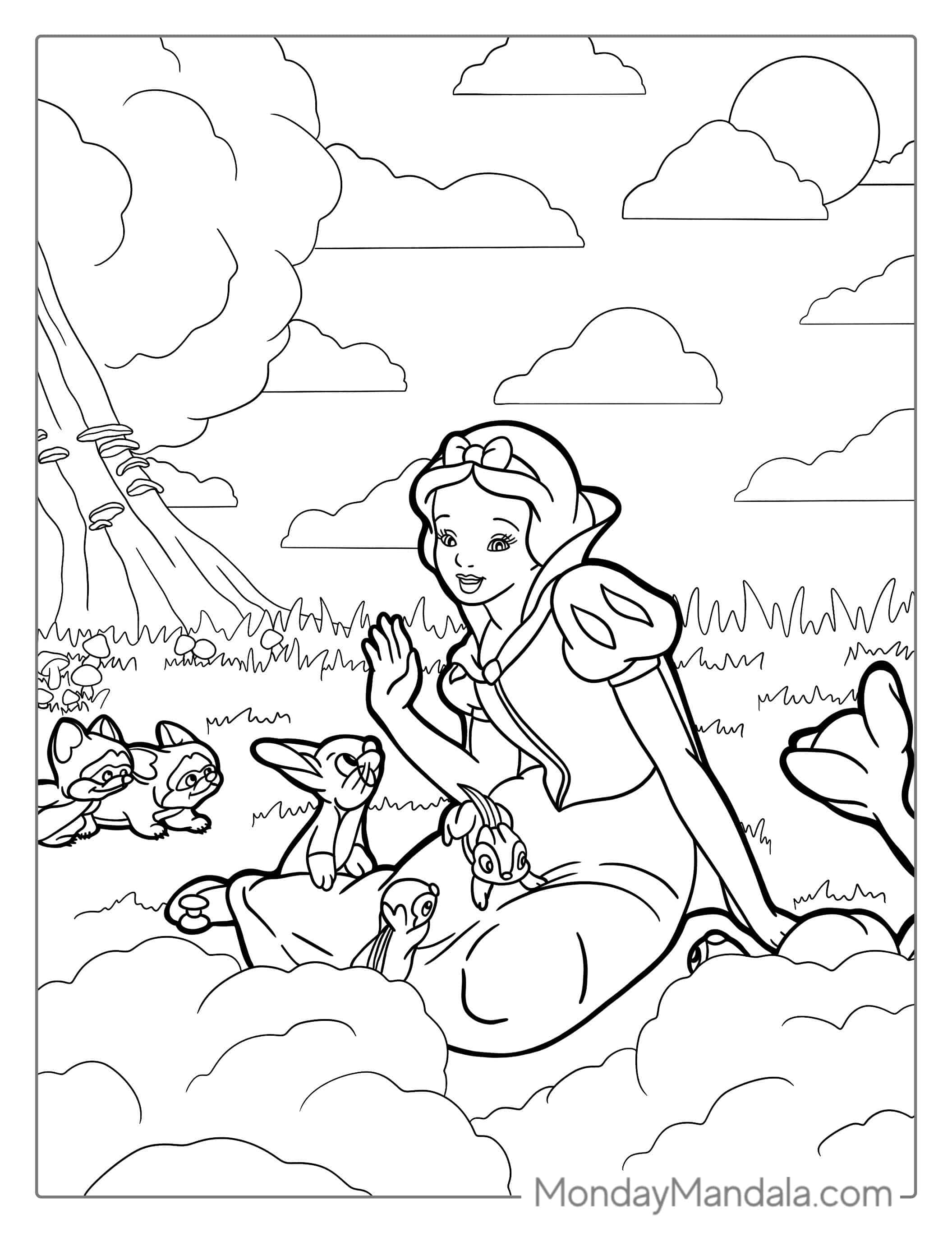 Snow White With Animals From The Forest To Color coloring page — printable line art