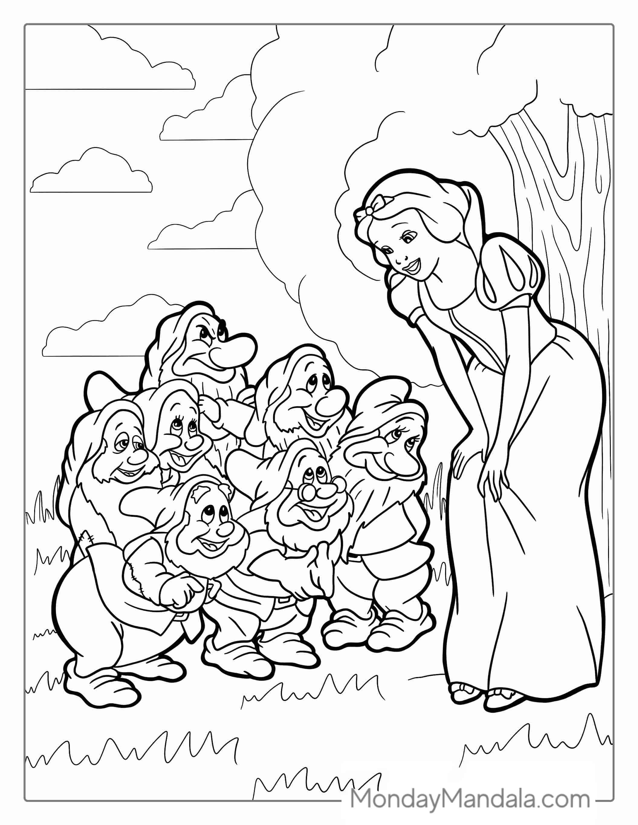 Snow White With The Seven Dwarfs To Color coloring page — printable line art