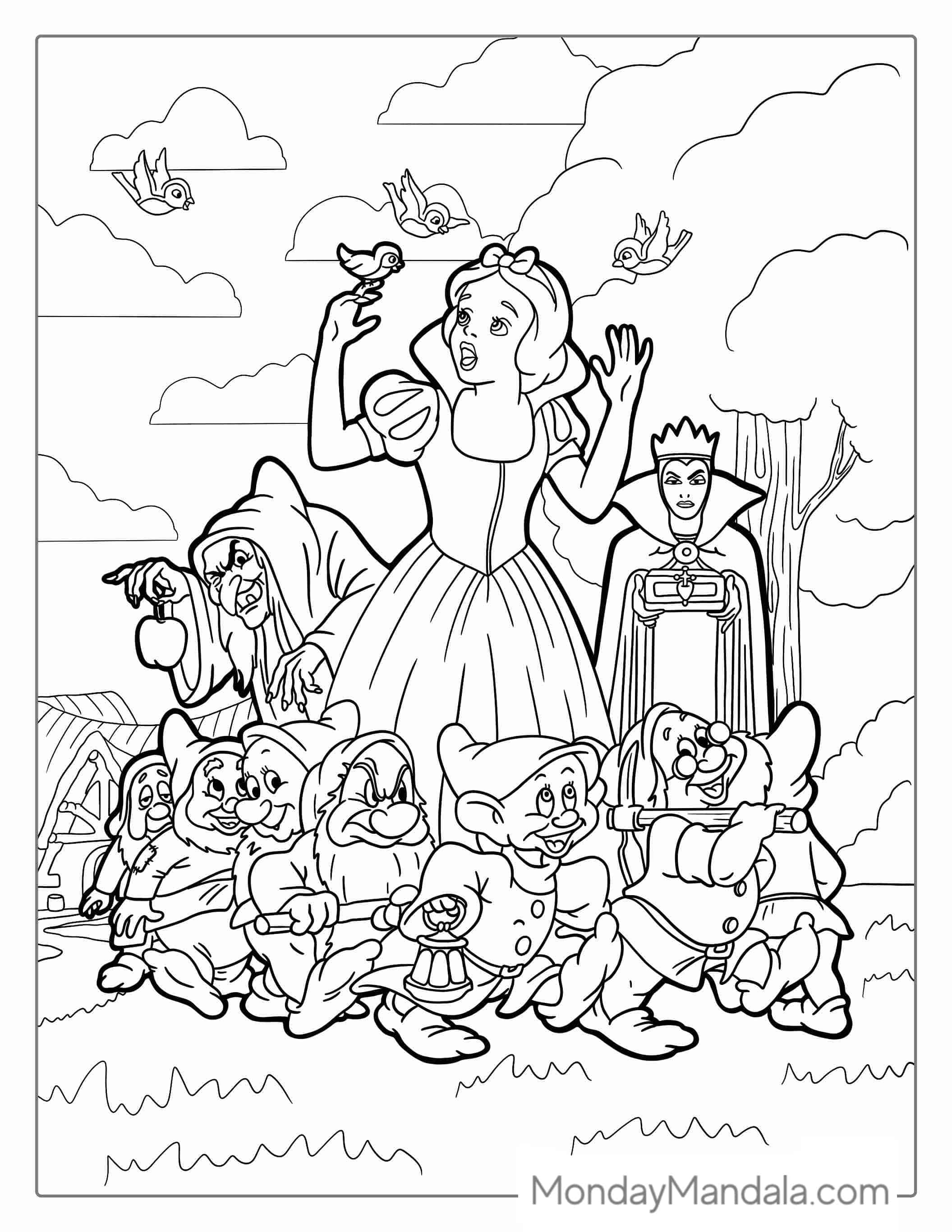 Snow With With Seven Dwarfs And Evil Queen To Color coloring page — printable line art