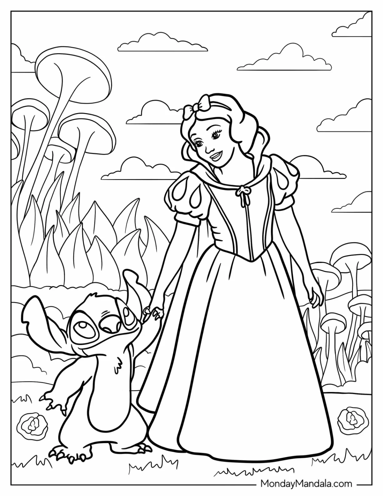 Stitch Walking With Snow White Coloring Pages In The Garden coloring page