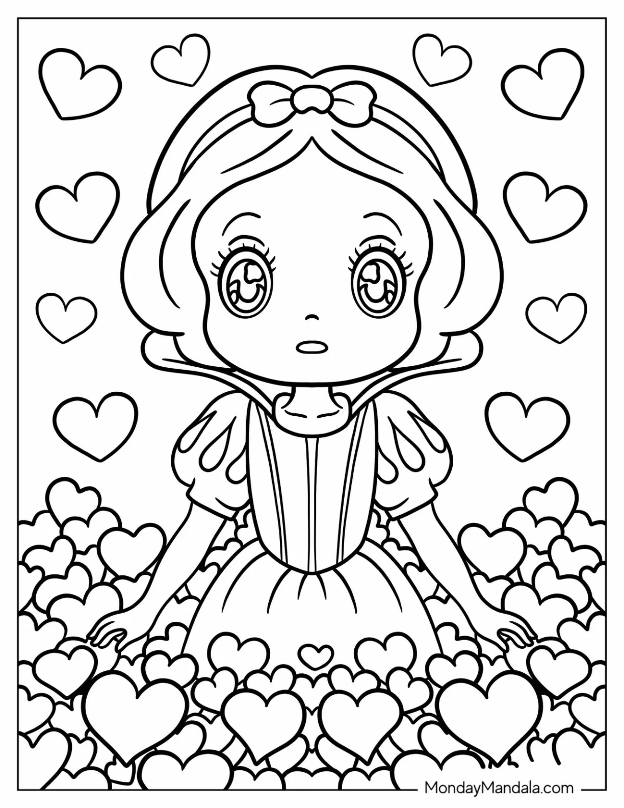 Stunning Snow White Coloring Pages With Love Hearts For Kids coloring page