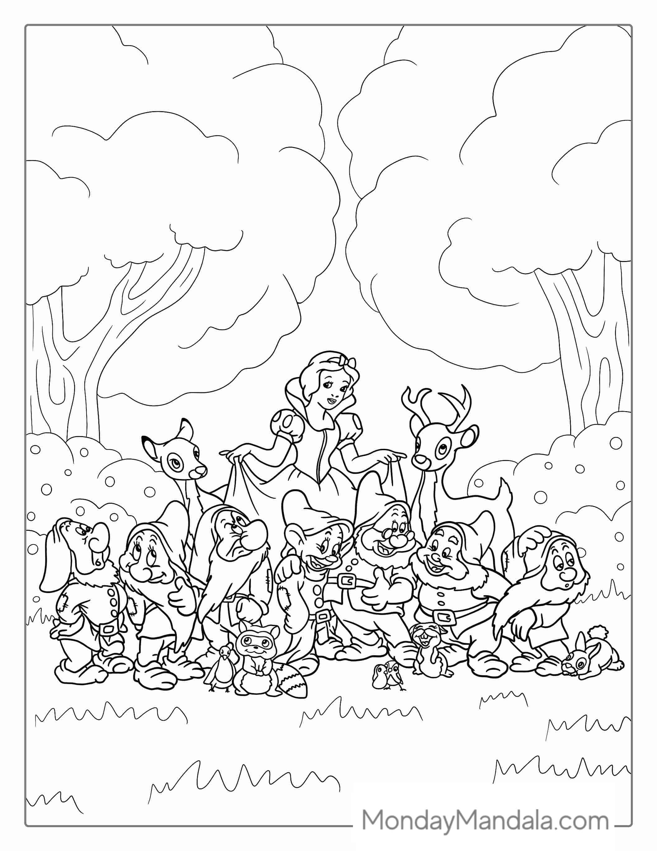 The Seven Dwarfs With Snow White To Color coloring page — printable line art