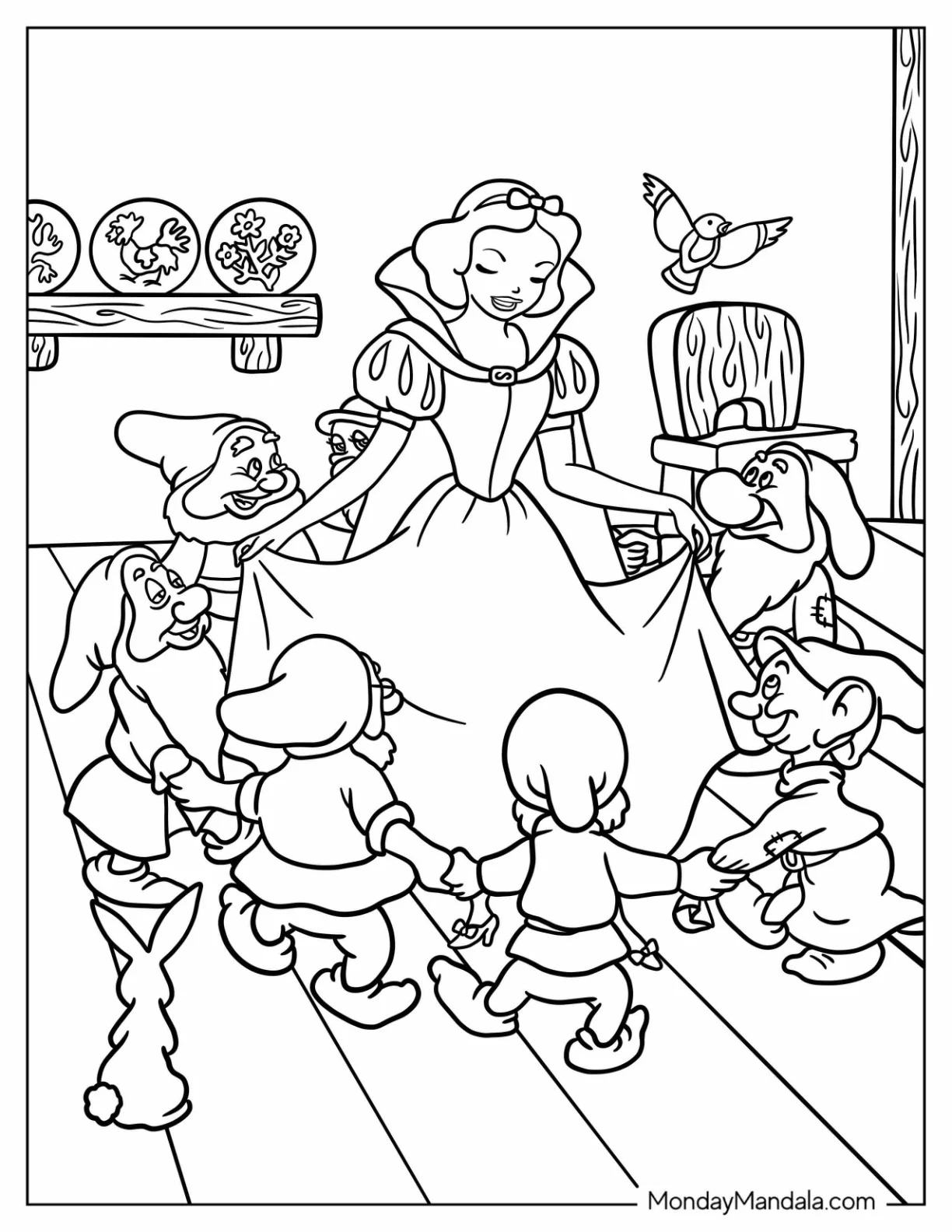 The Seven Dwarves Dancing Around Snow White Coloring Pages coloring page — printable line art