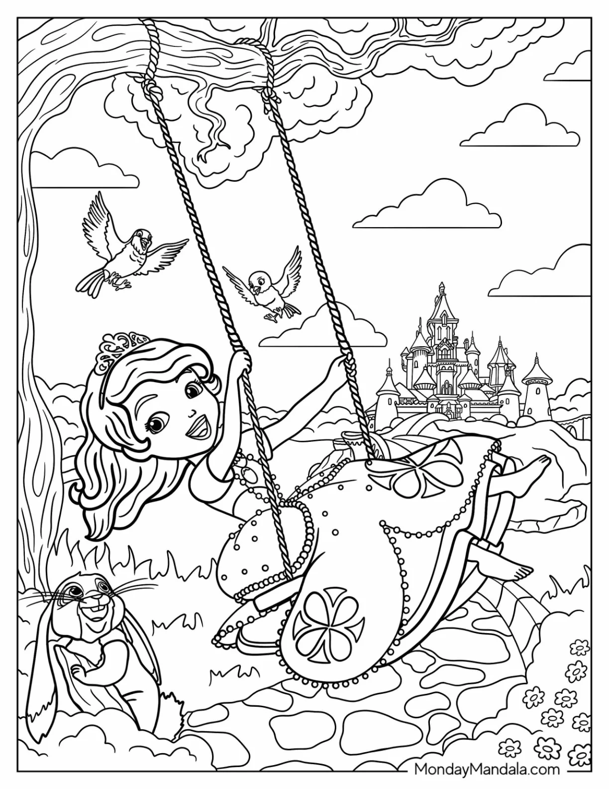 Sofia Coloring Page On The Swing With Clover coloring page