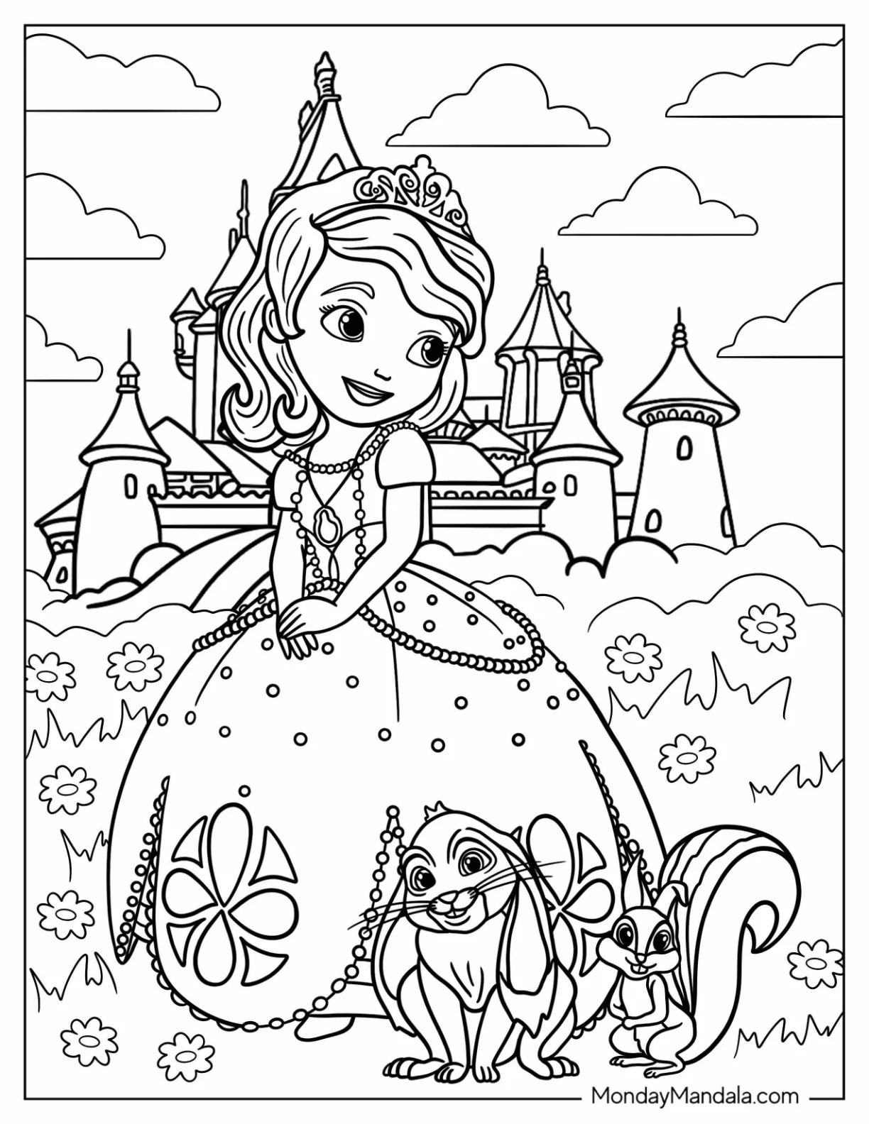 Sofia The First Coloring Page In Garden With Clover And Whatnaught coloring page — printable line art