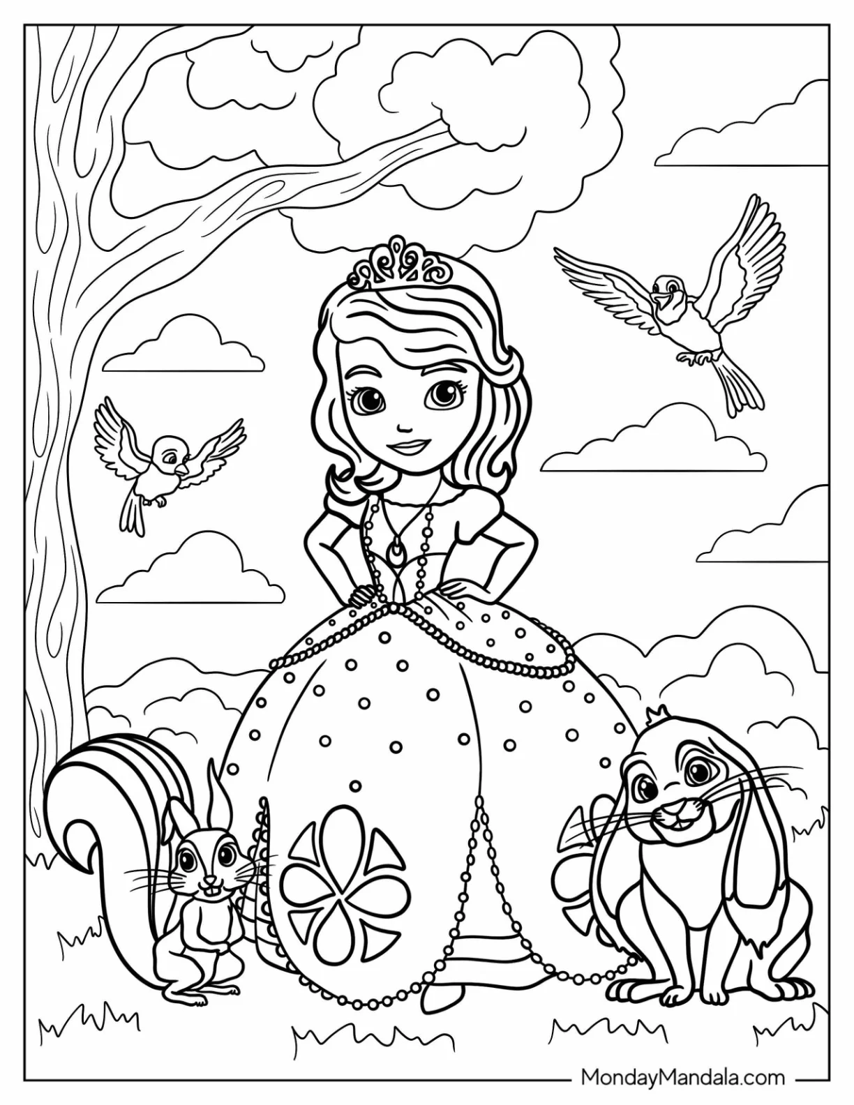 Sofia The First Coloring Page In The Forest With Animal Friends coloring page