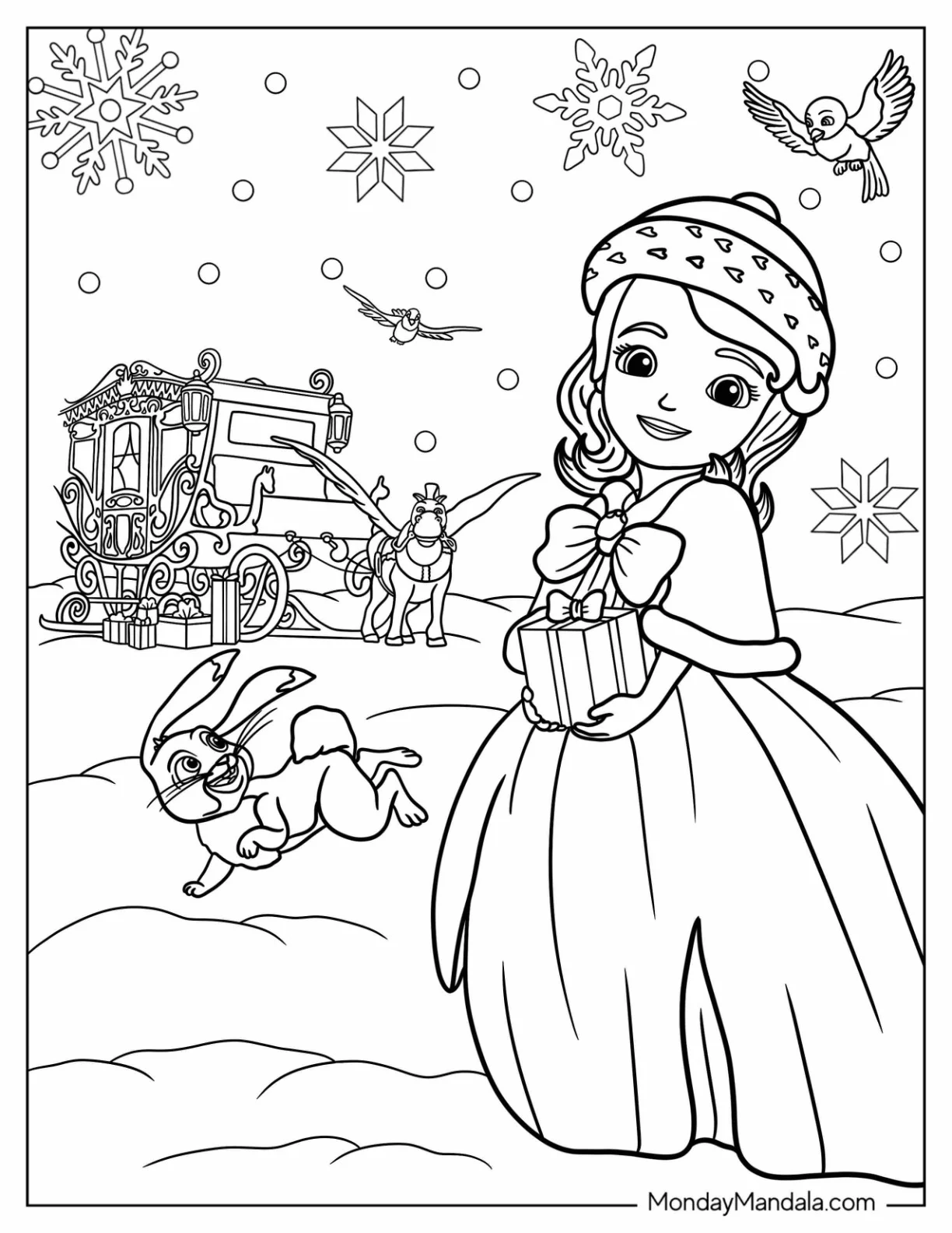 Sofia The First Coloring Page Of With Christmas Present In Snow coloring page