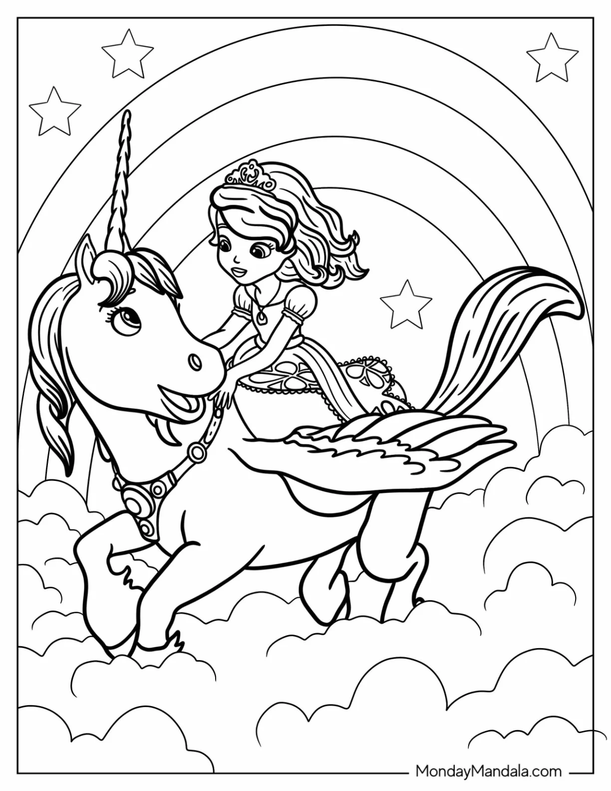 Sofia The First Coloring Page Riding Skye In The Clouds coloring page — printable line art