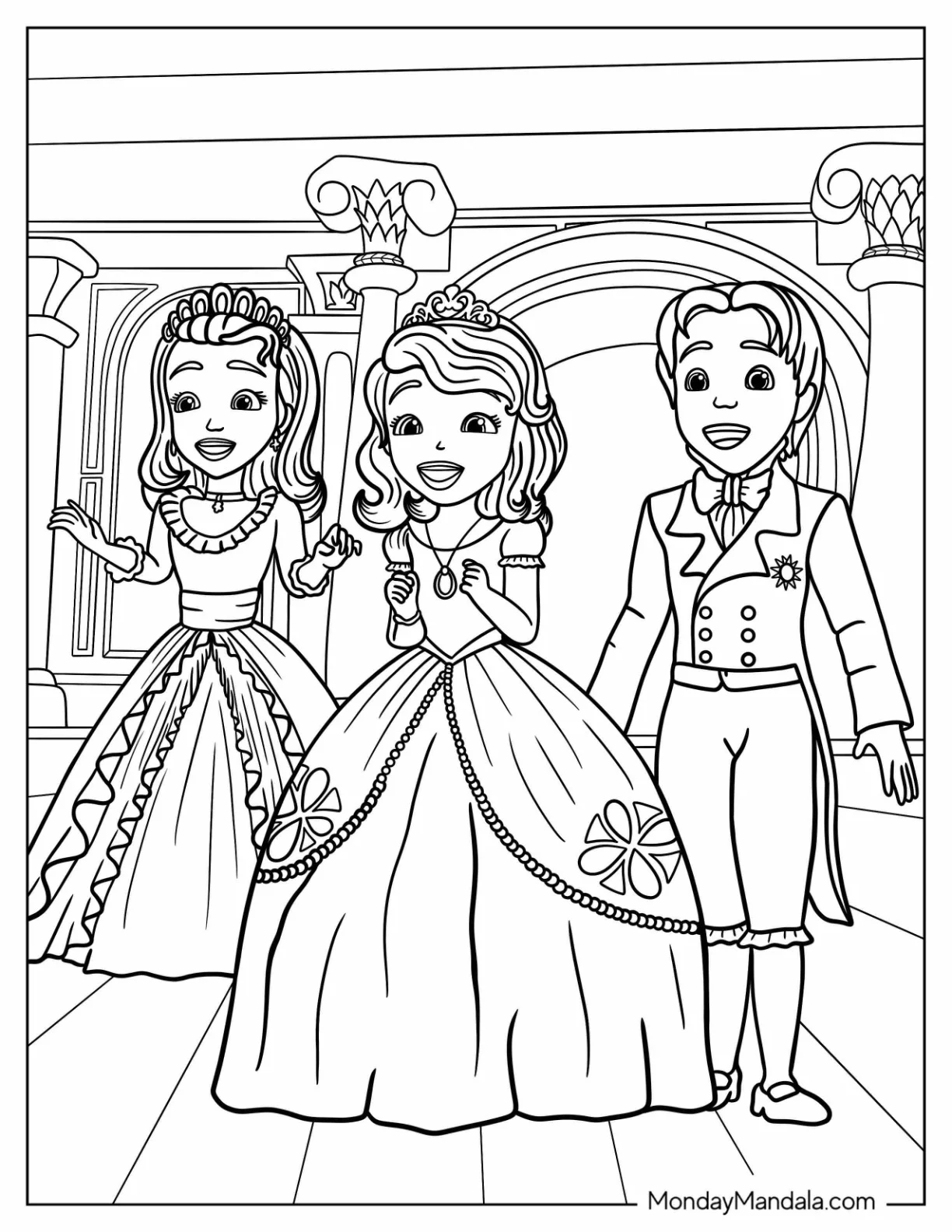 Sofia The First Coloring Page With Prince James, And Princess Amber coloring page — printable line art