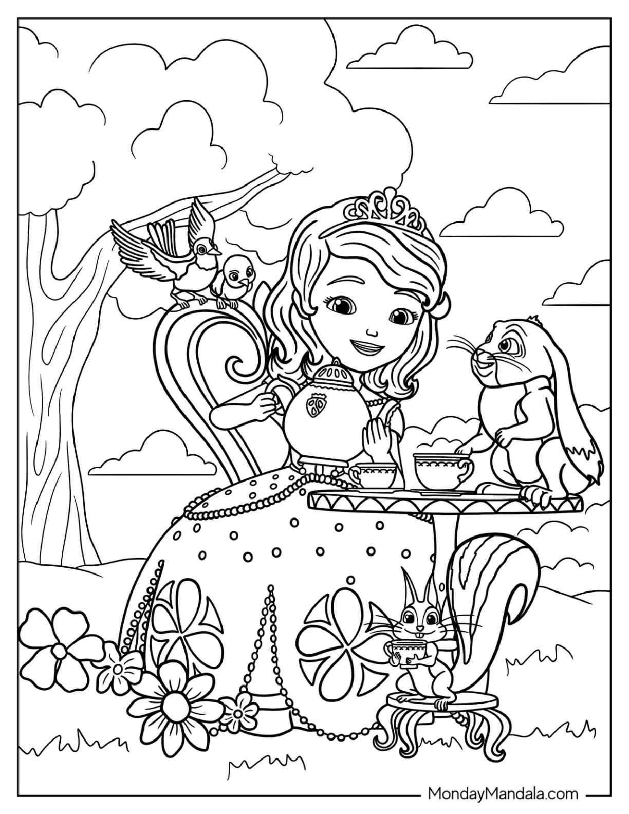 Sofia The First Coloring Pages Tea Party With Clover, Whatnaught, Griffin, And Mia coloring page