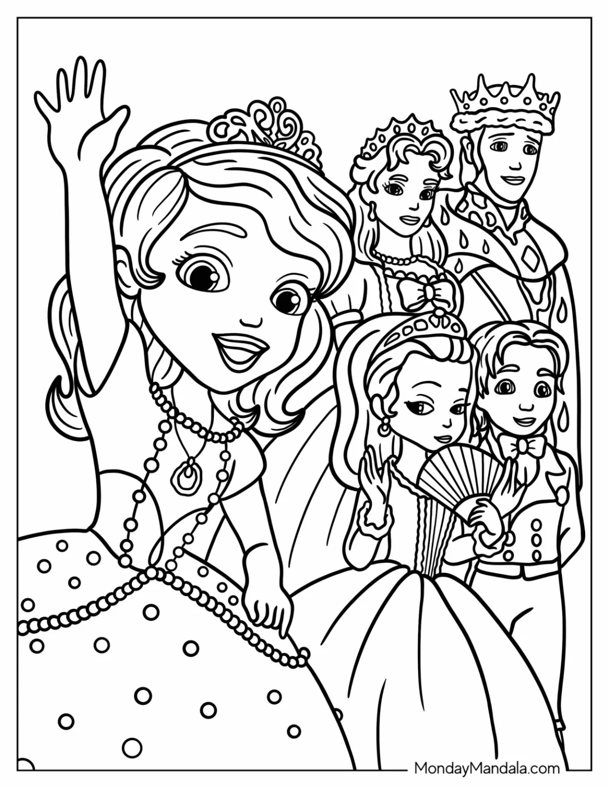 Sofia The First Coloring Pages With King Roland, Queen Miranda, Princess Amber, And Prince James coloring page