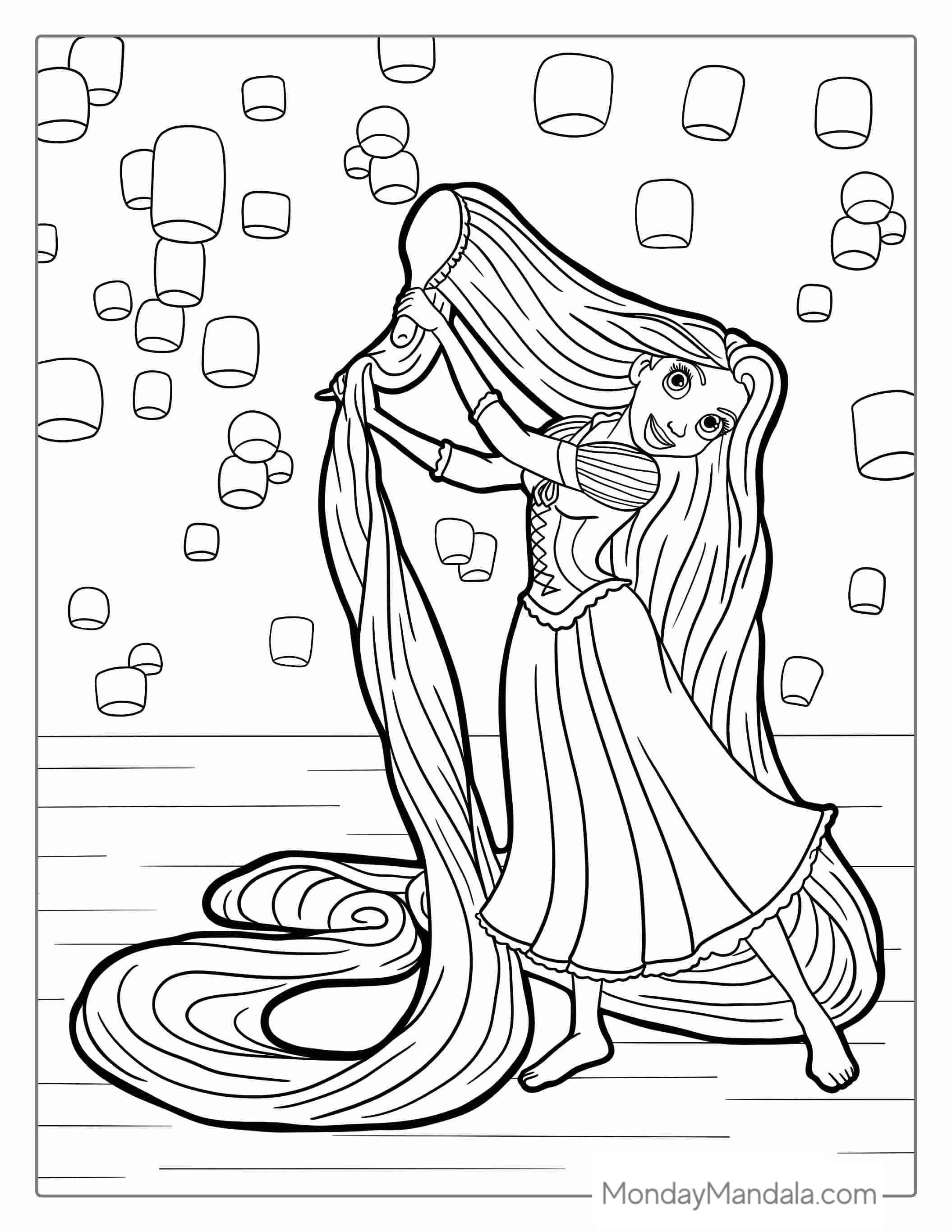Rapunzel Brushing Hair With Lanterns In The Background coloring page