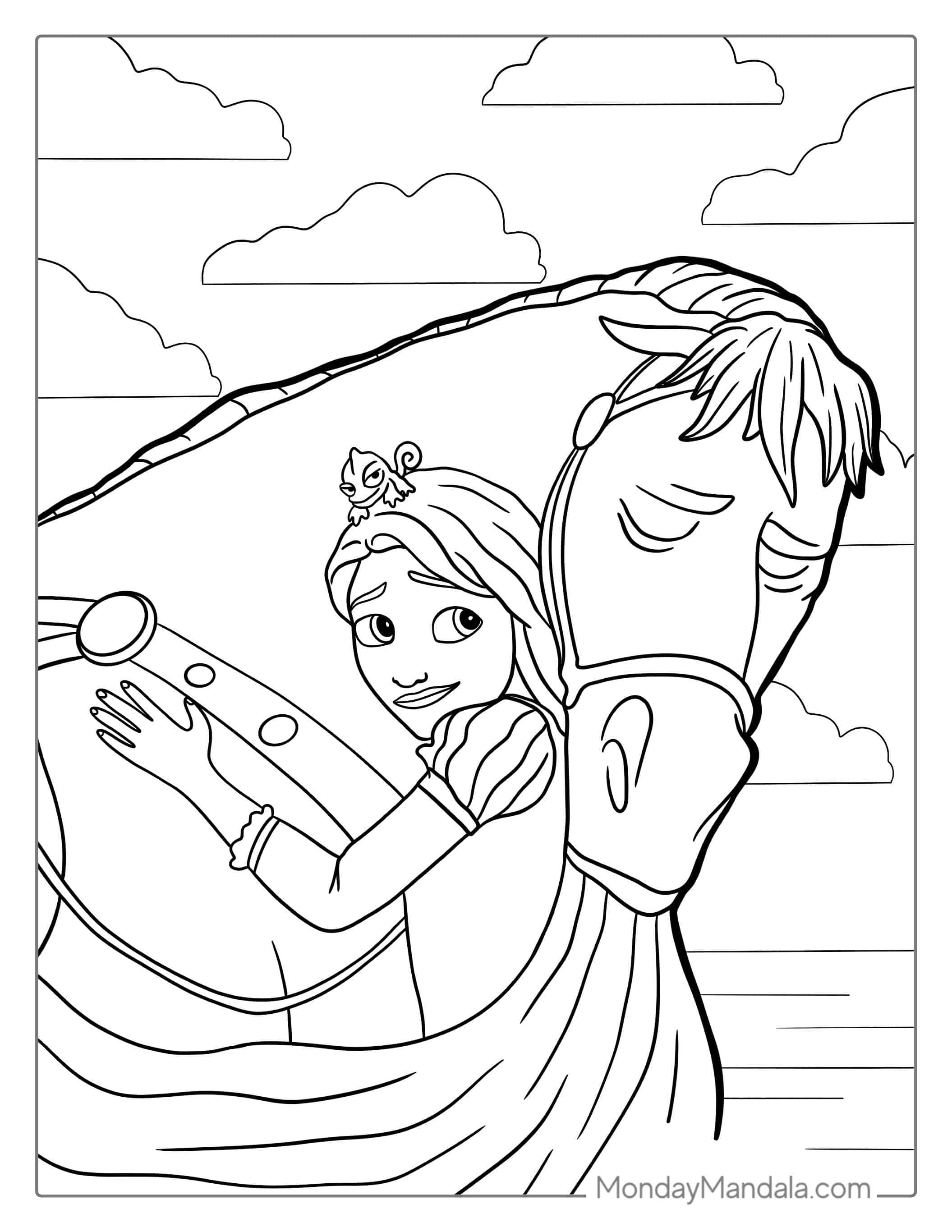 Rapunzel Comforting Maximus coloring page — printable line art