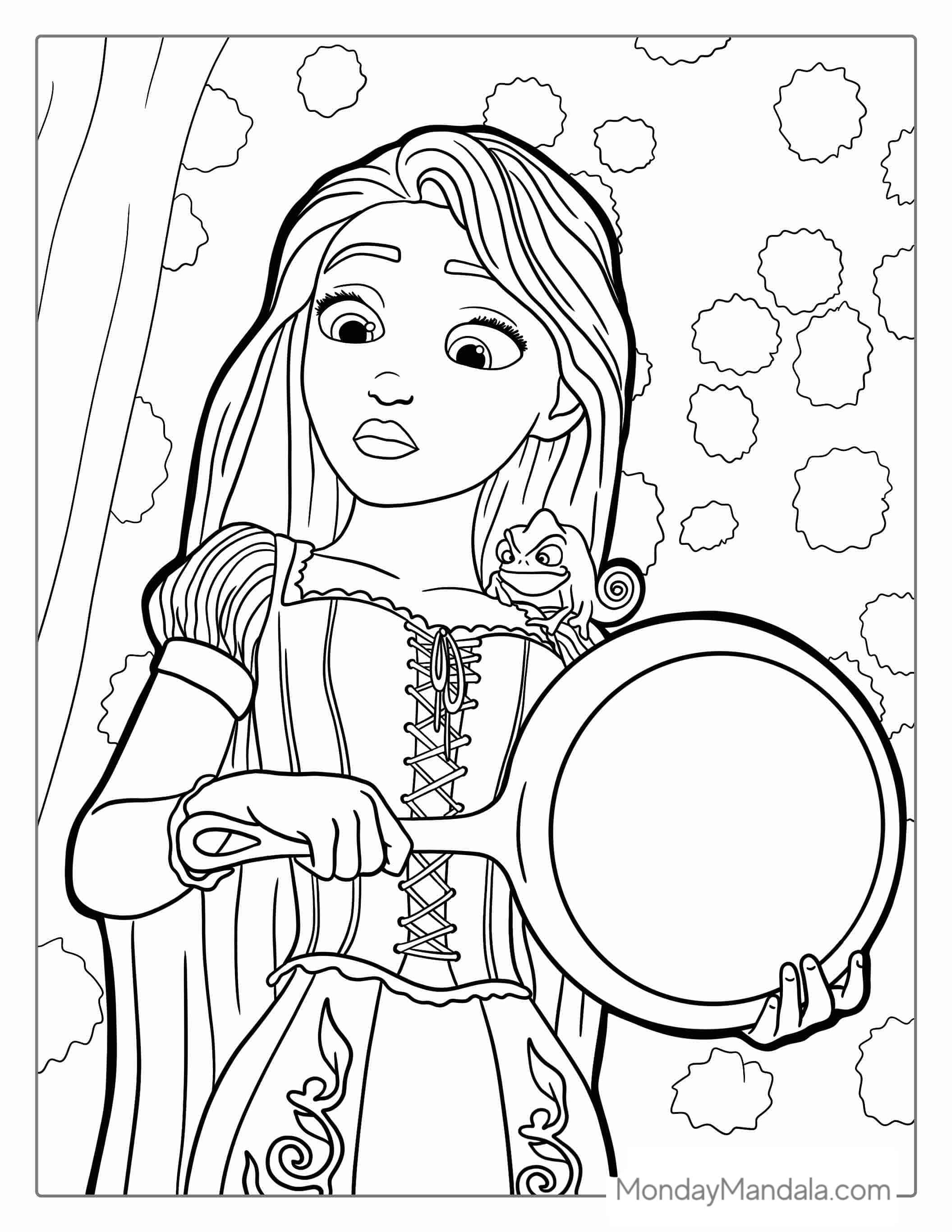 Rapunzel Holding Pan With Pascal To Color coloring page — printable line art