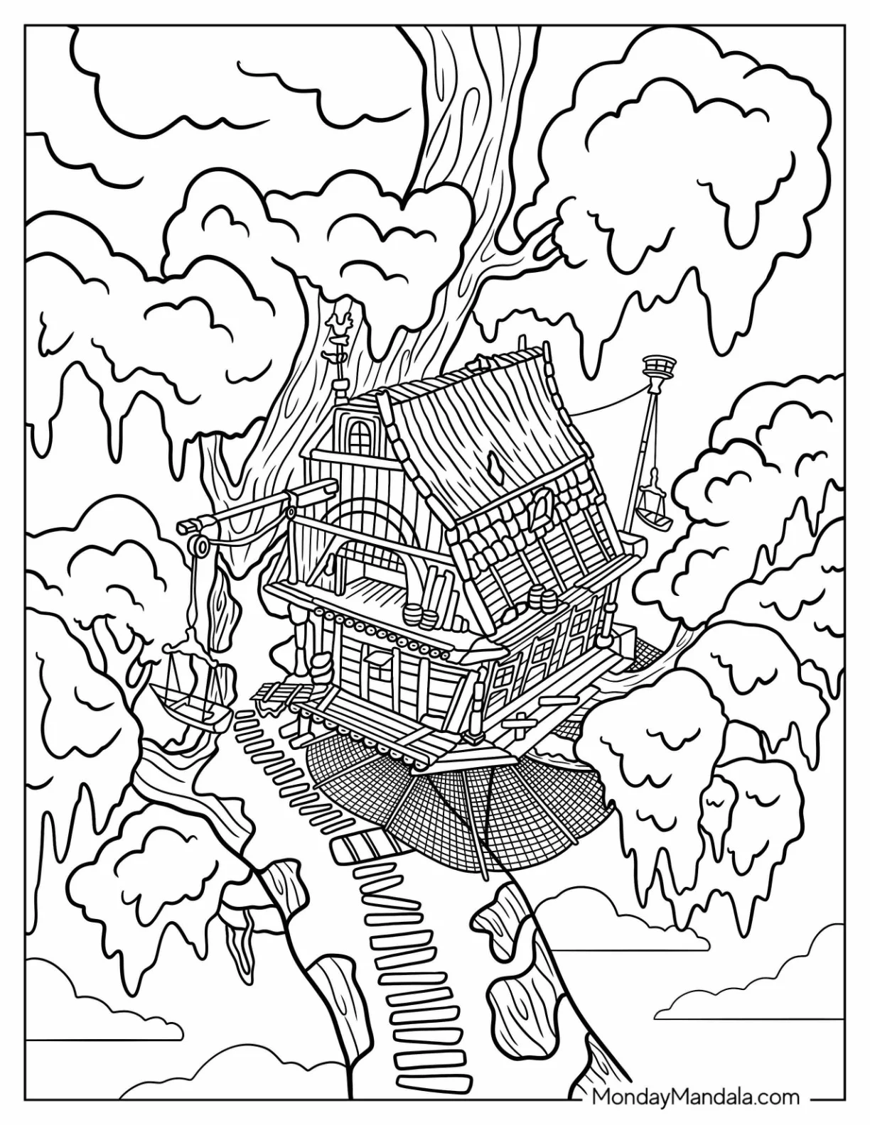 Detailed Tree House In Tarzan Coloring Page coloring page — printable line art
