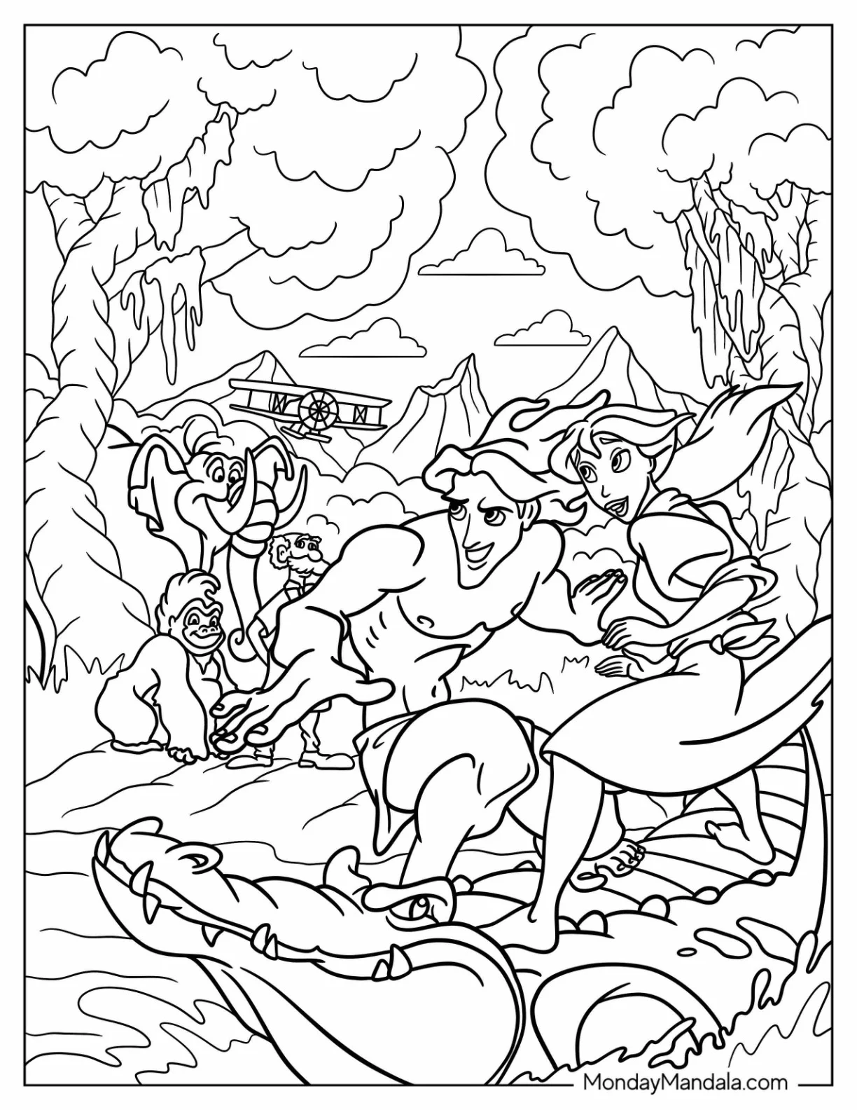 Tarzan Coloring Page And Jane Riding Crocodile In Jungle coloring page