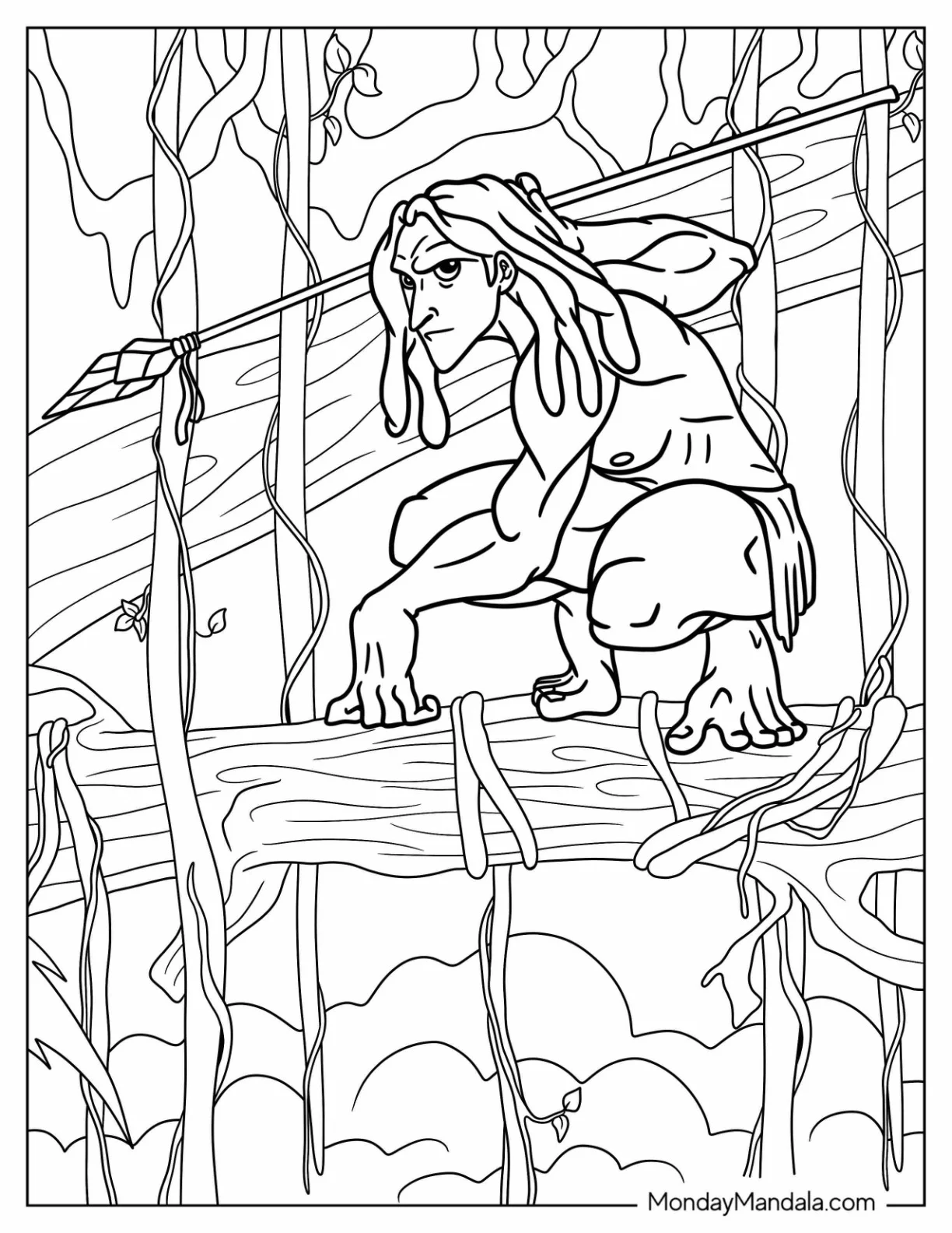Tarzan Coloring Page Holding Spear While Crouched On Tree Branch coloring page