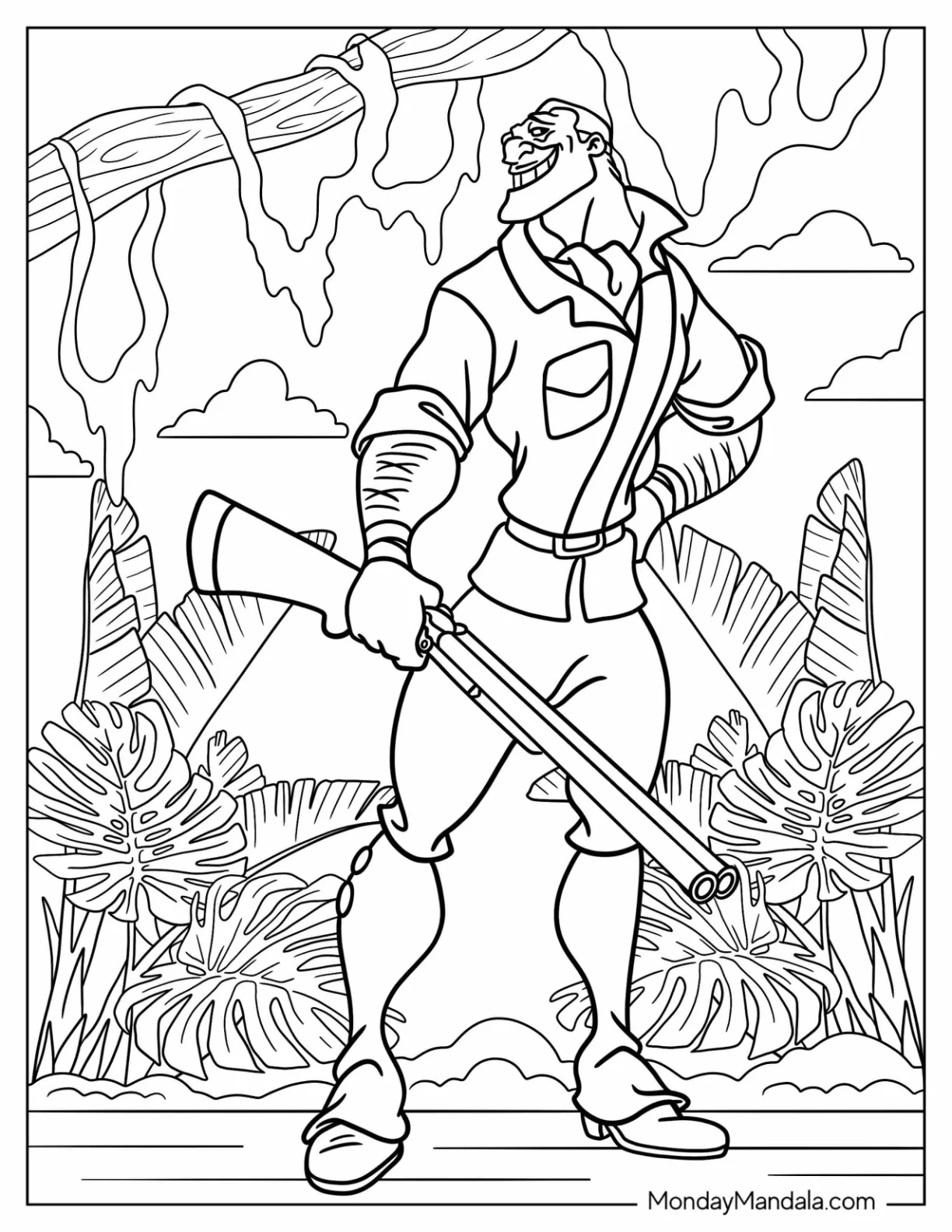 Tarzan Coloring Page Of Clayton With Evil Smirk While Holding Shotgun coloring page — printable line art