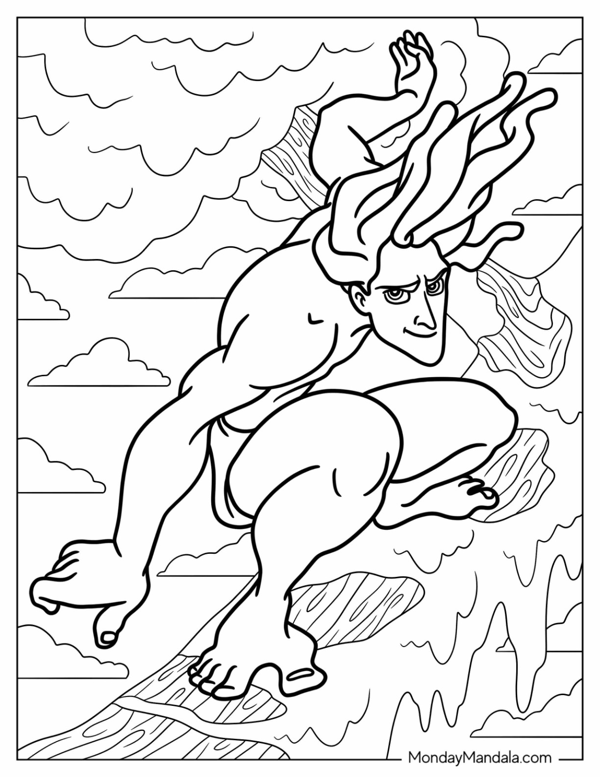 Tarzan Coloring Page Sliding Across Tree Branch coloring page